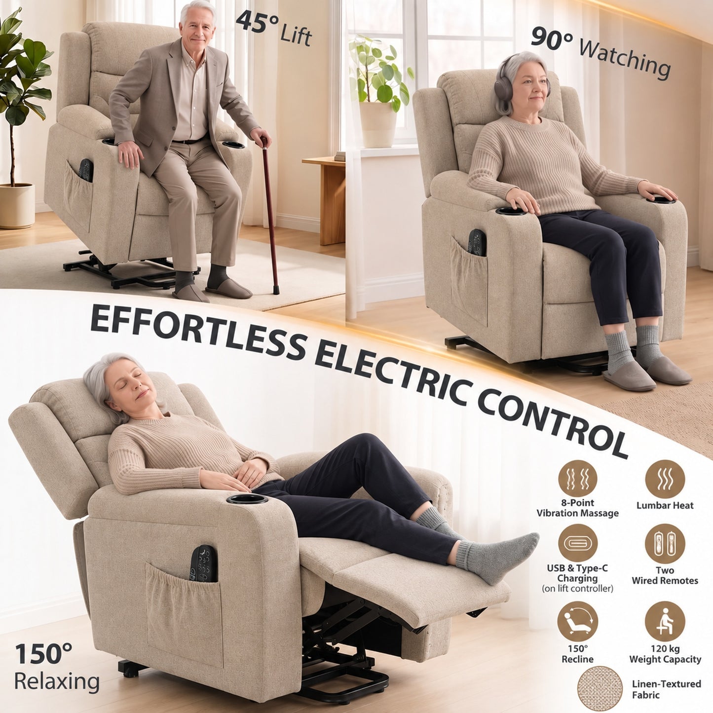 HOMCOM Riser Recliner Chair with Massage and Heat, Linen Electric Lift Armchair for Elderly with Spring Cushion, Beige