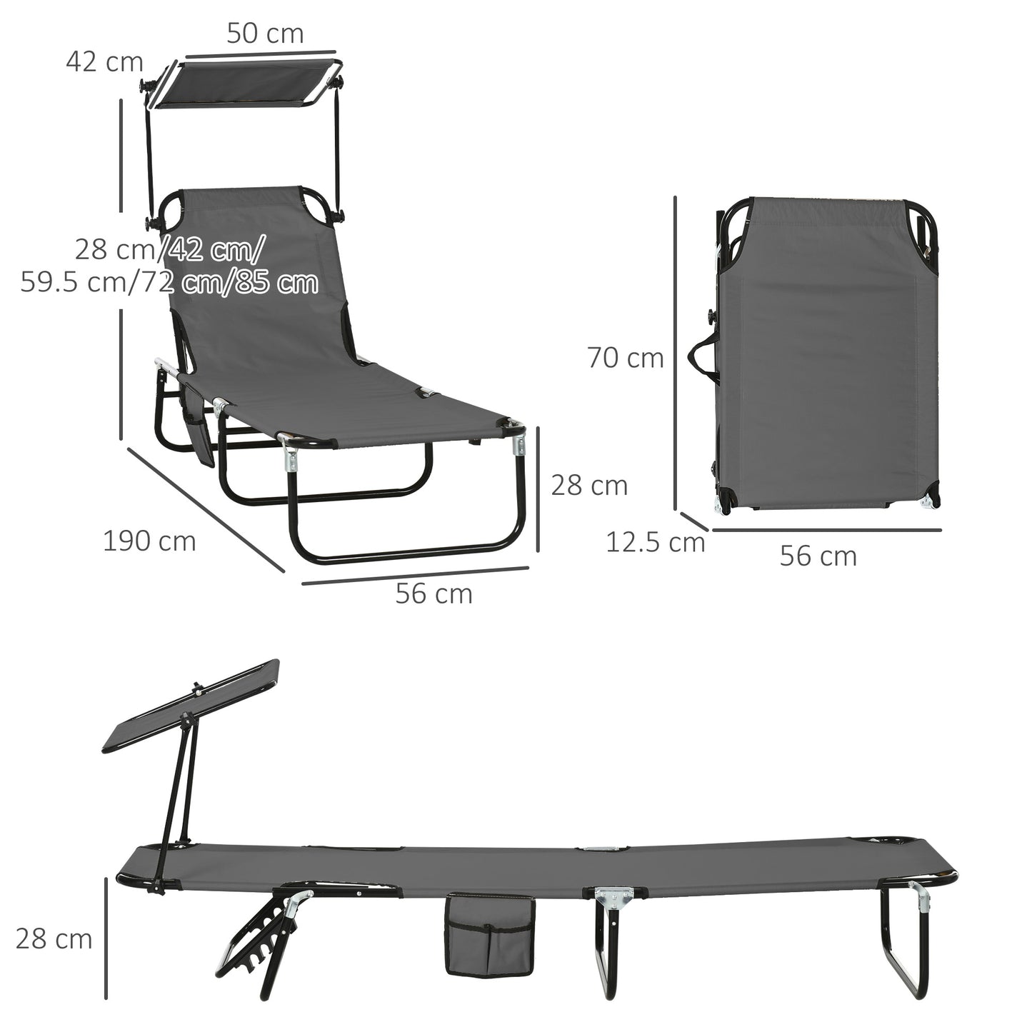 Outsunny 2 Piece Folding Sun Loungers w/ Canopy, Adjustable Garden Chairs, Steel Frame, Dark Grey
