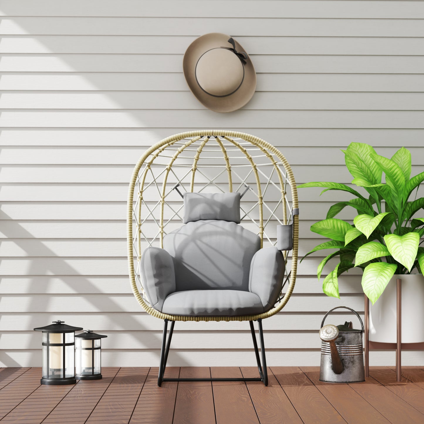 Outsunny Rattan Egg Chair for Outdoor/Indoor Use, with Cushion, Headrest, Cup Holder, Metal Frame, Grey