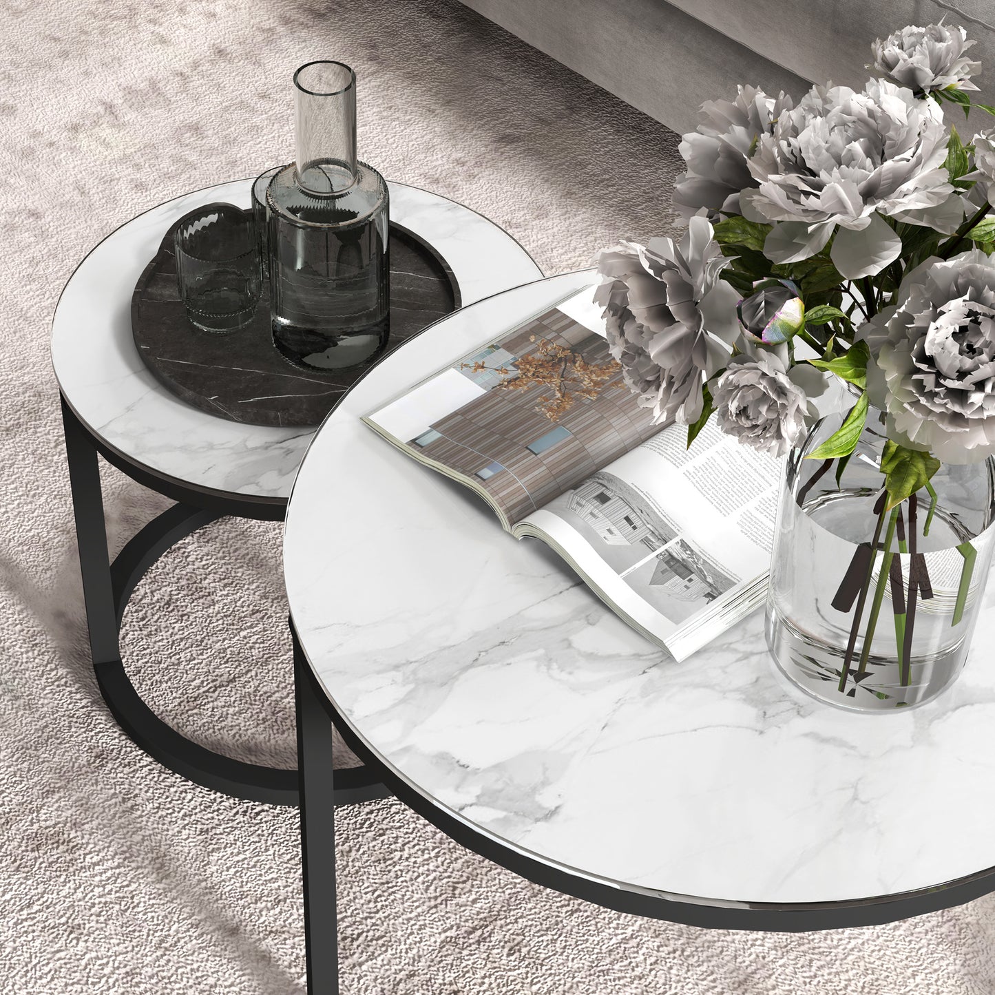 HOMCOM Glass Coffee Table Set, Round Marble-Effect Tempered Glass Top & Steel Frame, White