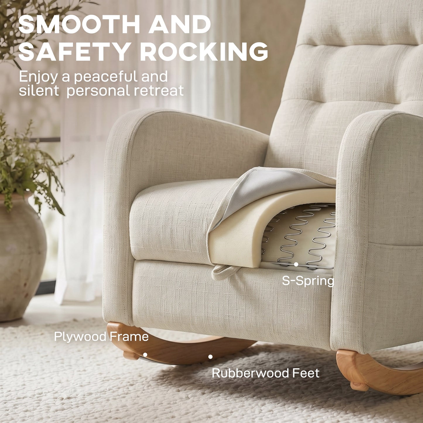 HOMCOM Upholstered Rocking Chair Retractable Footrest Rocker Chair High Back for Living Room Cream White