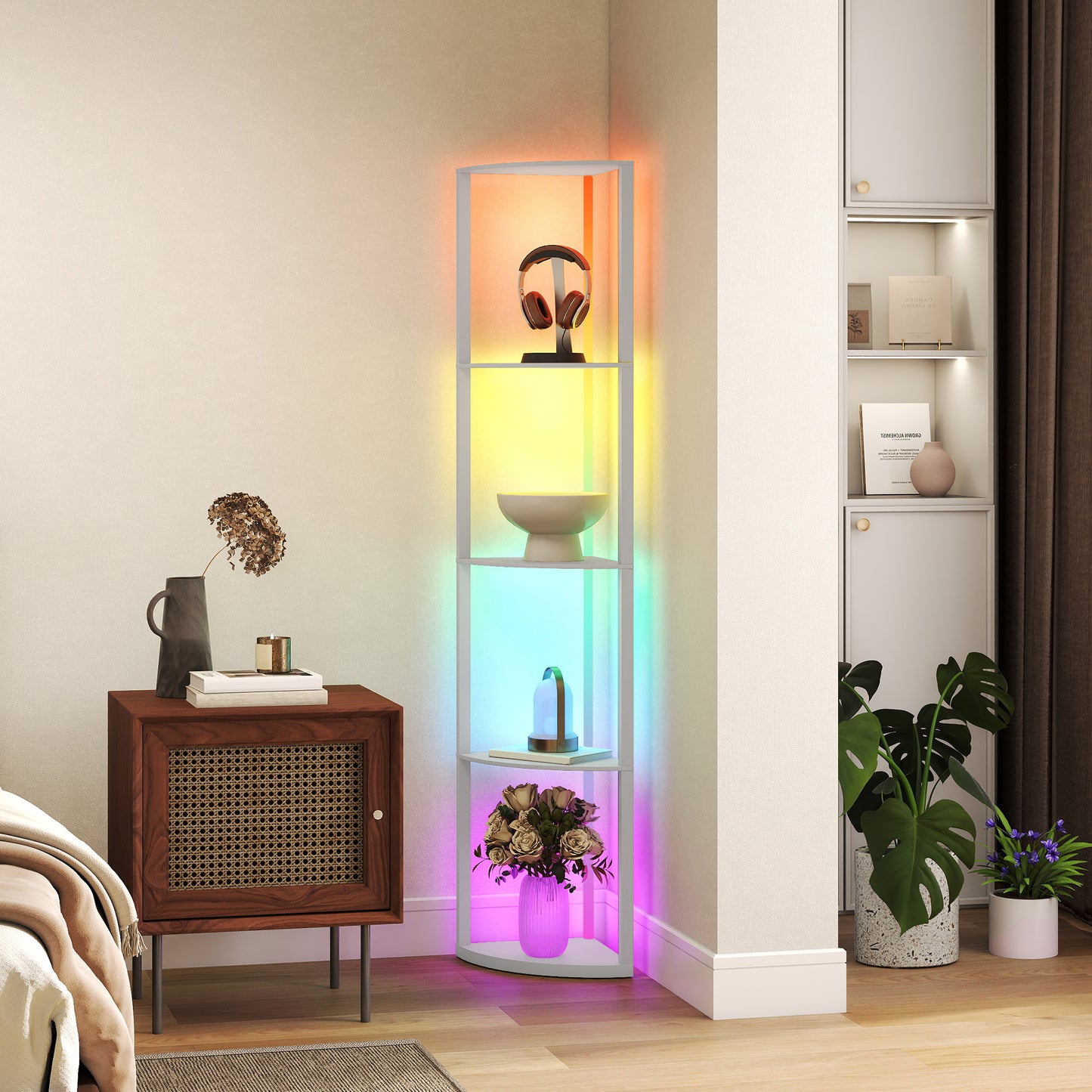 HOMCOM RGB LED Floor Lamp with Shelves, 5-Tier Dimmable with Adjustable Brightness, Remote Control, Corner Display Unit, Grey