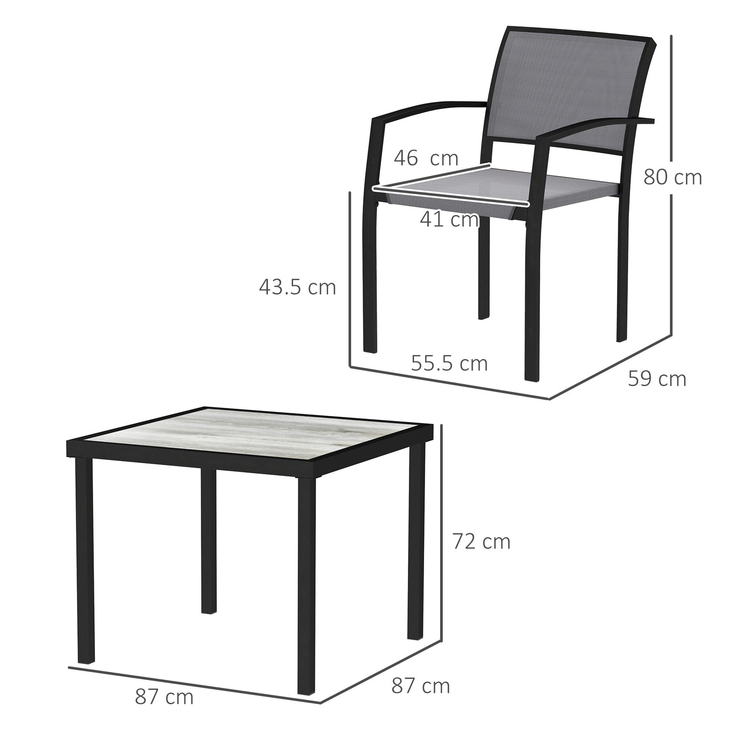 Outsunny 5 Piece Garden Furniture Set with 4 Stackable Armchairs, Easy Clean Top, Steel Frame, Texteline Seat, Grey