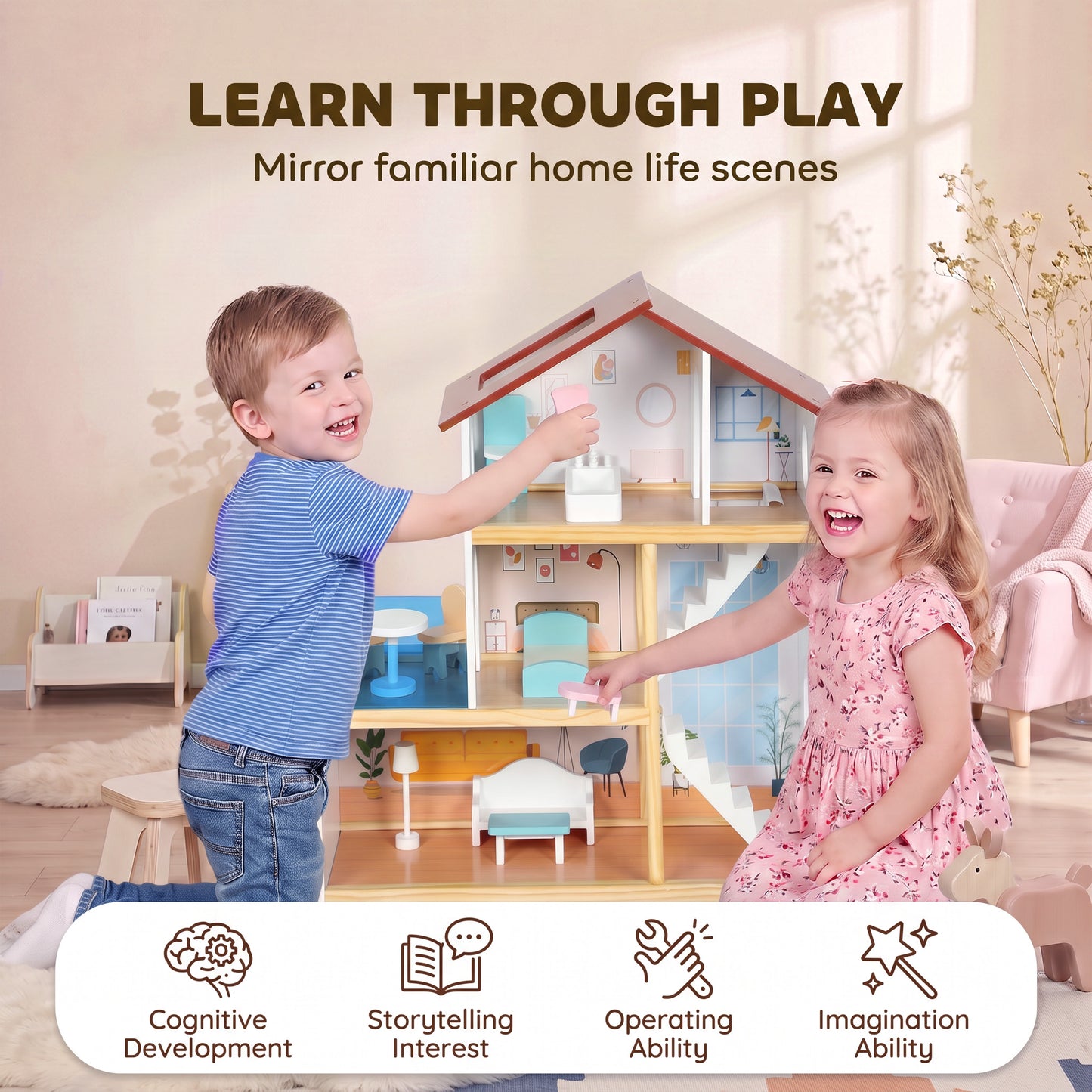 AIYAPLAY Kids Wooden Dolls House, 3-Story Dollhouse with 5 Rooms and 11 Accessories, Pretend Play Gift for Ages 3+, White