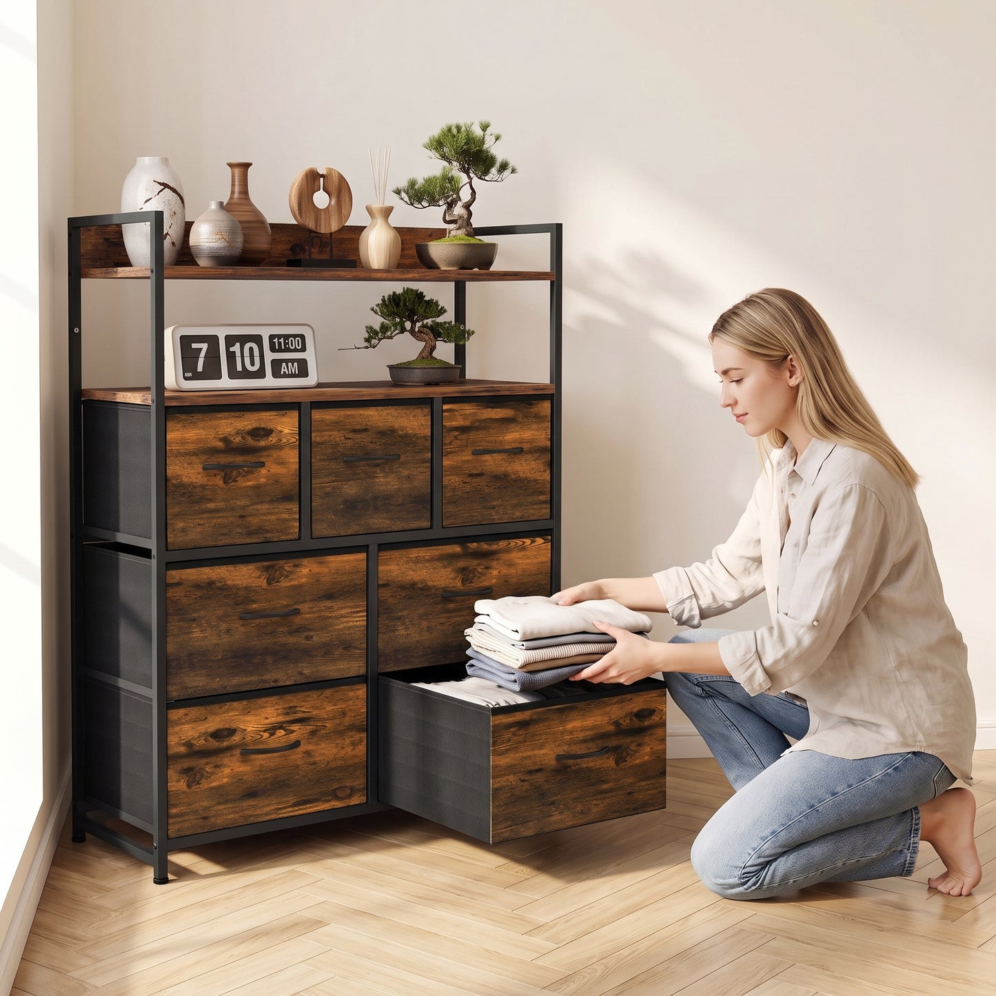 HOMCOM Chest of Drawers, Bedroom Fabric Dresser with 7 Drawers, Storage Organiser Unit with Open Shelves, Rustic Brown