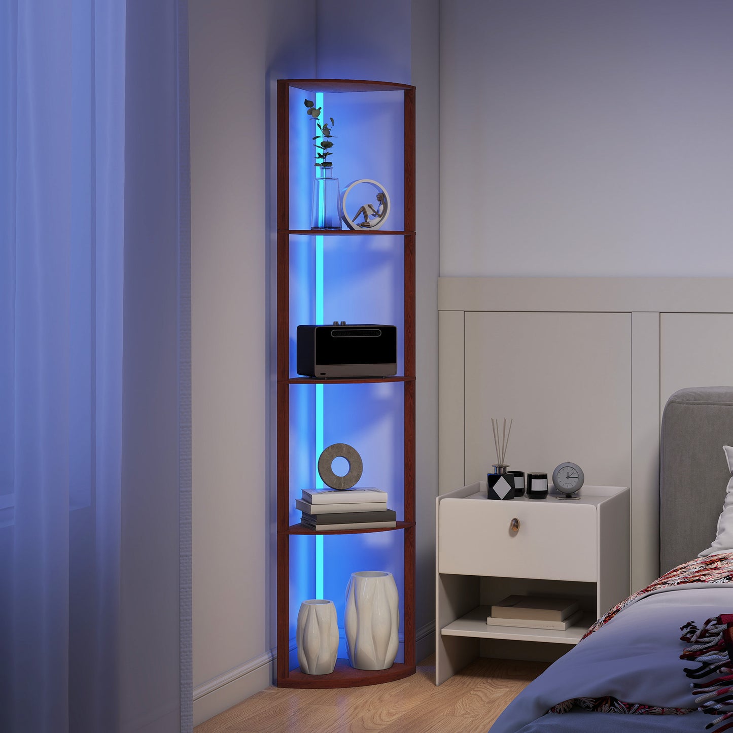HOMCOM RGB LED Floor Lamp with Shelves, 5-Tier Dimmable Standing Lamp, Adjustable Brightness, Remote Control, Corner Shelf Unit, Brown