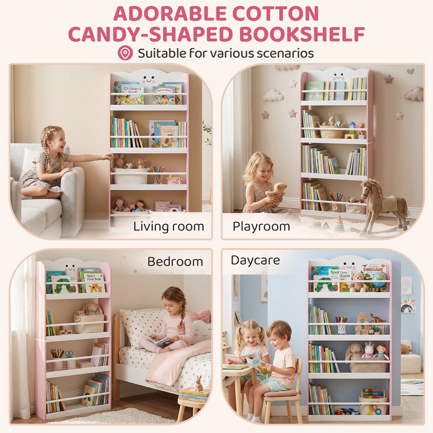 AIYAPLAY 4 Tier Kids Bookshelf, Wall-Mounted Children Bookcase, Toddler Space-Saving Bookcase for Kids Room, Playroom, Pink