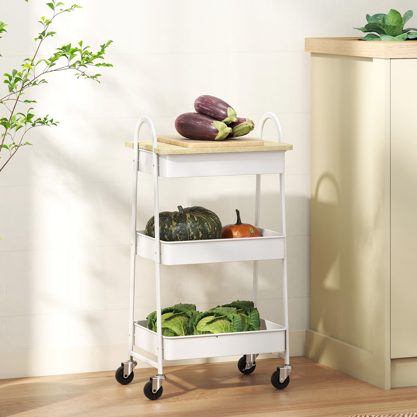 HOMCOM 3-Tier Kitchen Storage Trolley with on Wheels Cover Top Board - White and Oak