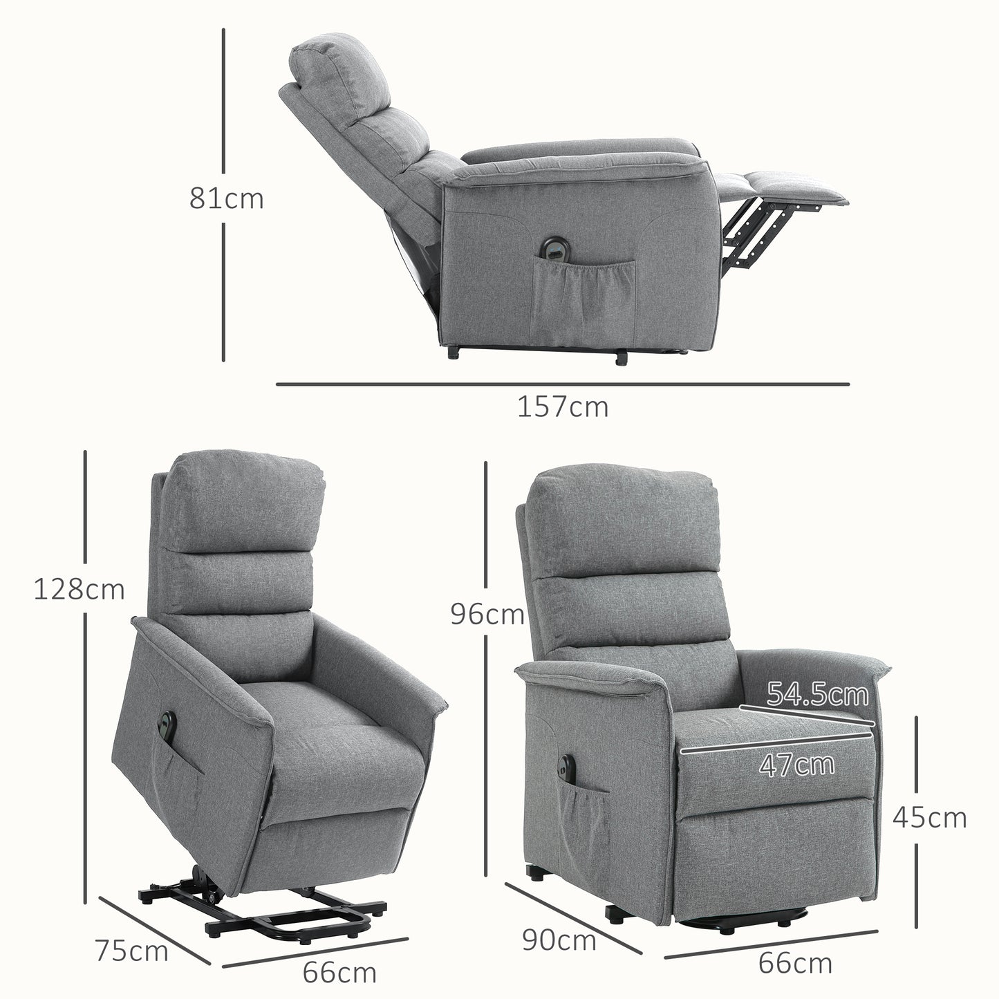 HOMCOM Electric Power Lift Recliner Chair, Fabric, Remote, Side Pockets, Grey