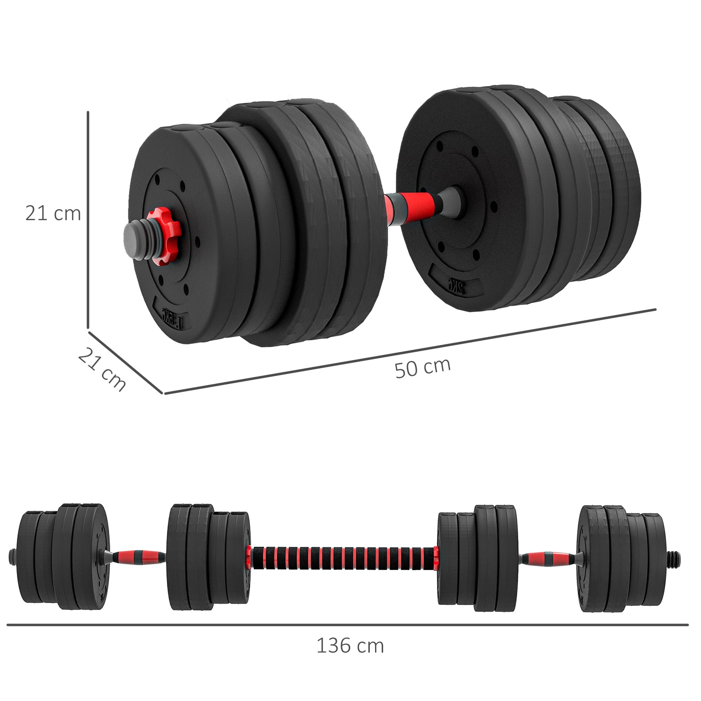HOMCOM 30kg Adjustable Dumbbells Set, 2-in-1 Weight Barbell for Fitness Training, Black