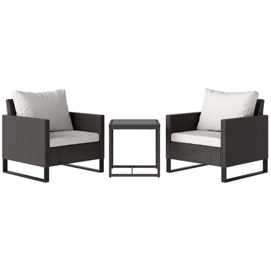 Outsunny 3-Piece Rattan Bistro Set with Cushions, Wicker Furniture, Glass Coffee Table & Chairs for Patio, Balcony, Terrace, Brown