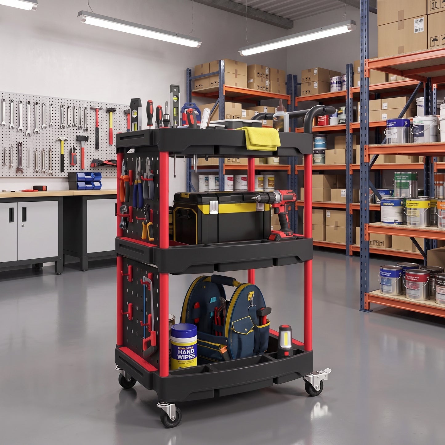 HOMCOM 3-Tier Rolling Tool Cart with Pegboard and Hooks, Storage Trolley Wheel Cart with Brakes, Black & Red