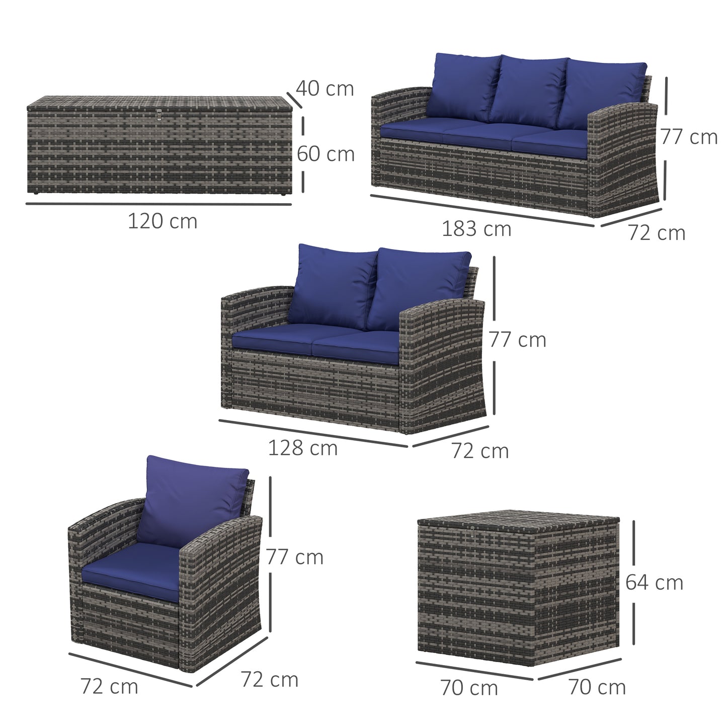 Outsunny 7-Seater Rattan Garden Furniture Set, Wicker Sofa with Storage Tea & Side Tables, Navy Blue
