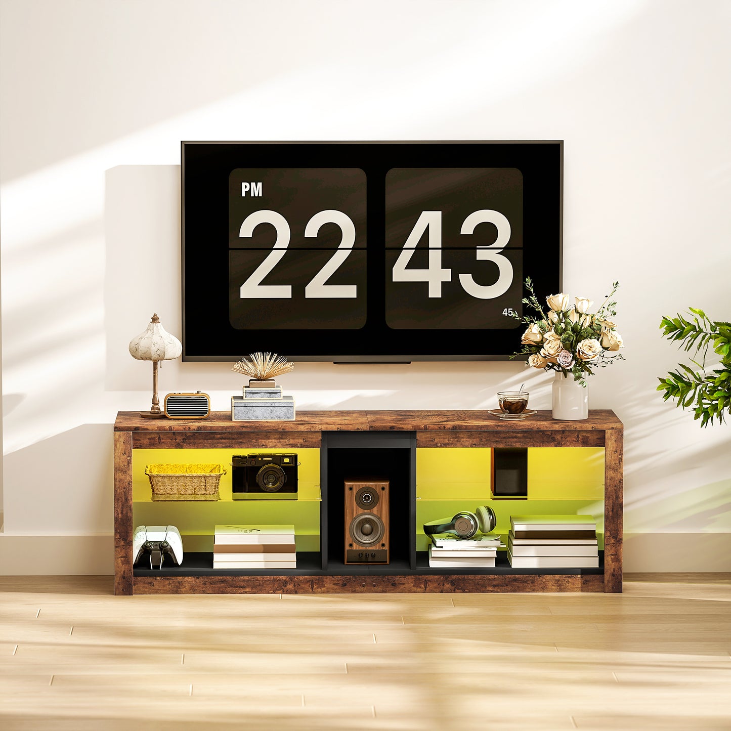 HOMCOM TV Stand Cabinet with LED Lights & Remote Control for TVs up to 65", Storage Shelves & Compartment, Rustic Brown