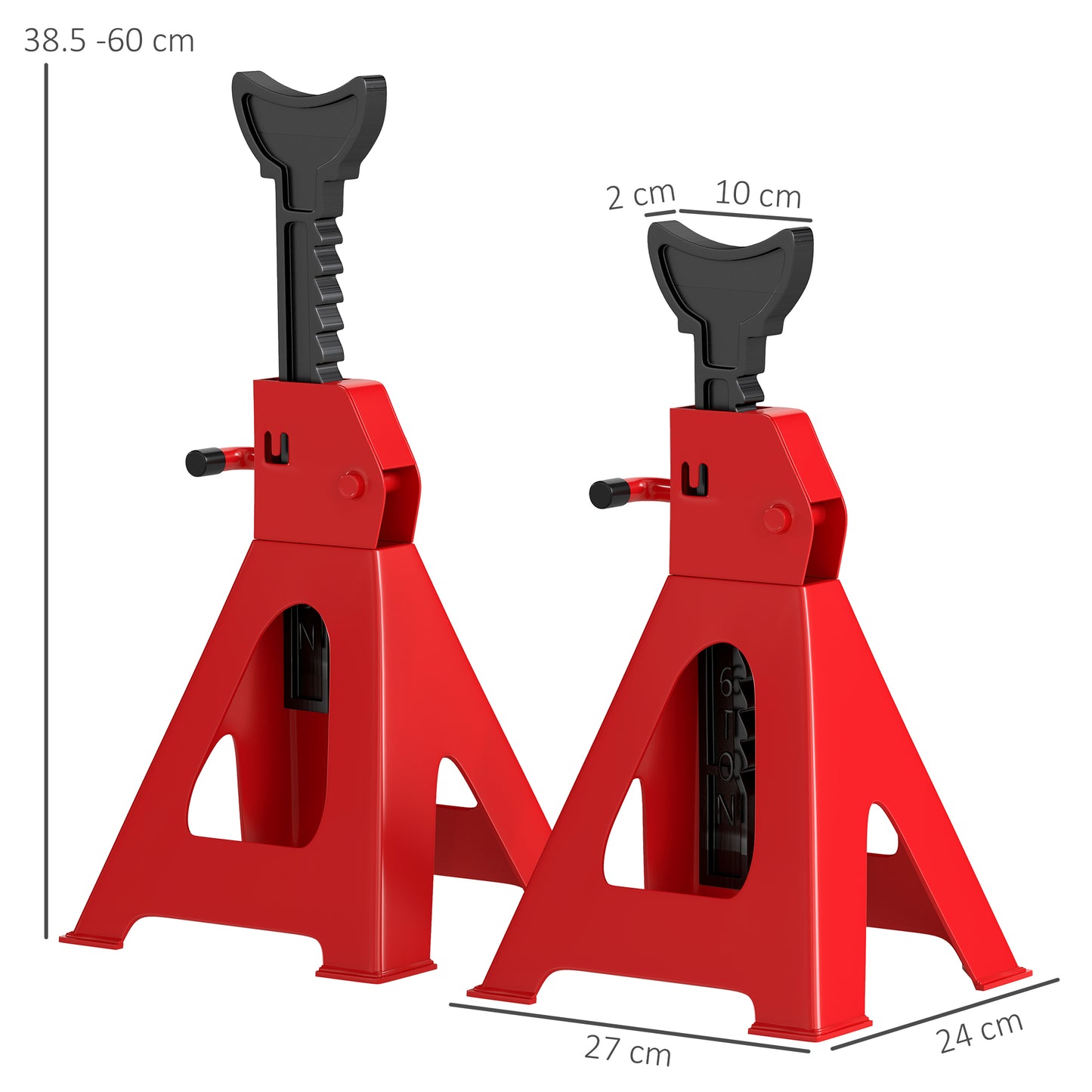 HOMCOM Axle Stands 3 Ton, Pack of 2, 38.5-60 cm Adjustable Heavy Duty Car Lift Tool for Vehicles, Caravans, Workshops, Red