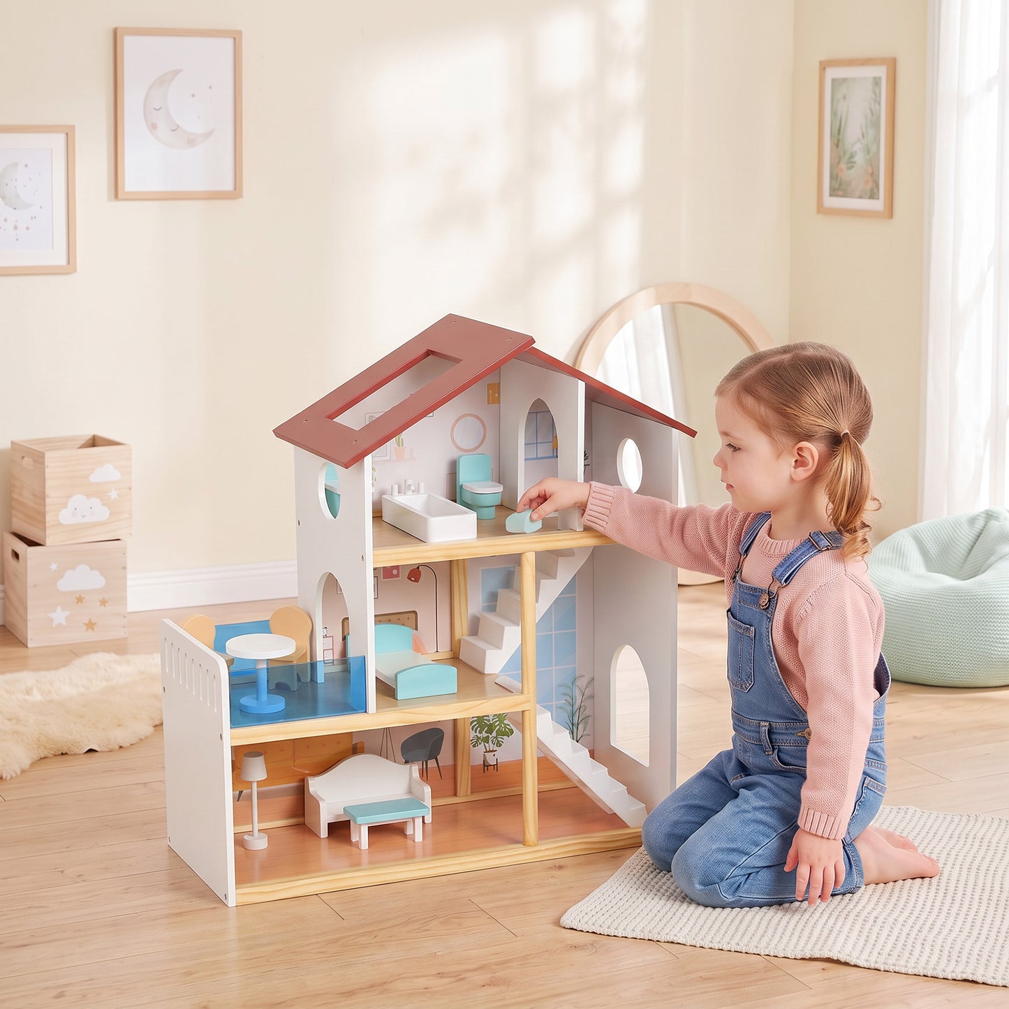 AIYAPLAY Kids Wooden Dolls House, 3-Story Dollhouse with 5 Rooms and 11 Accessories, Pretend Play Gift for Ages 3+, White