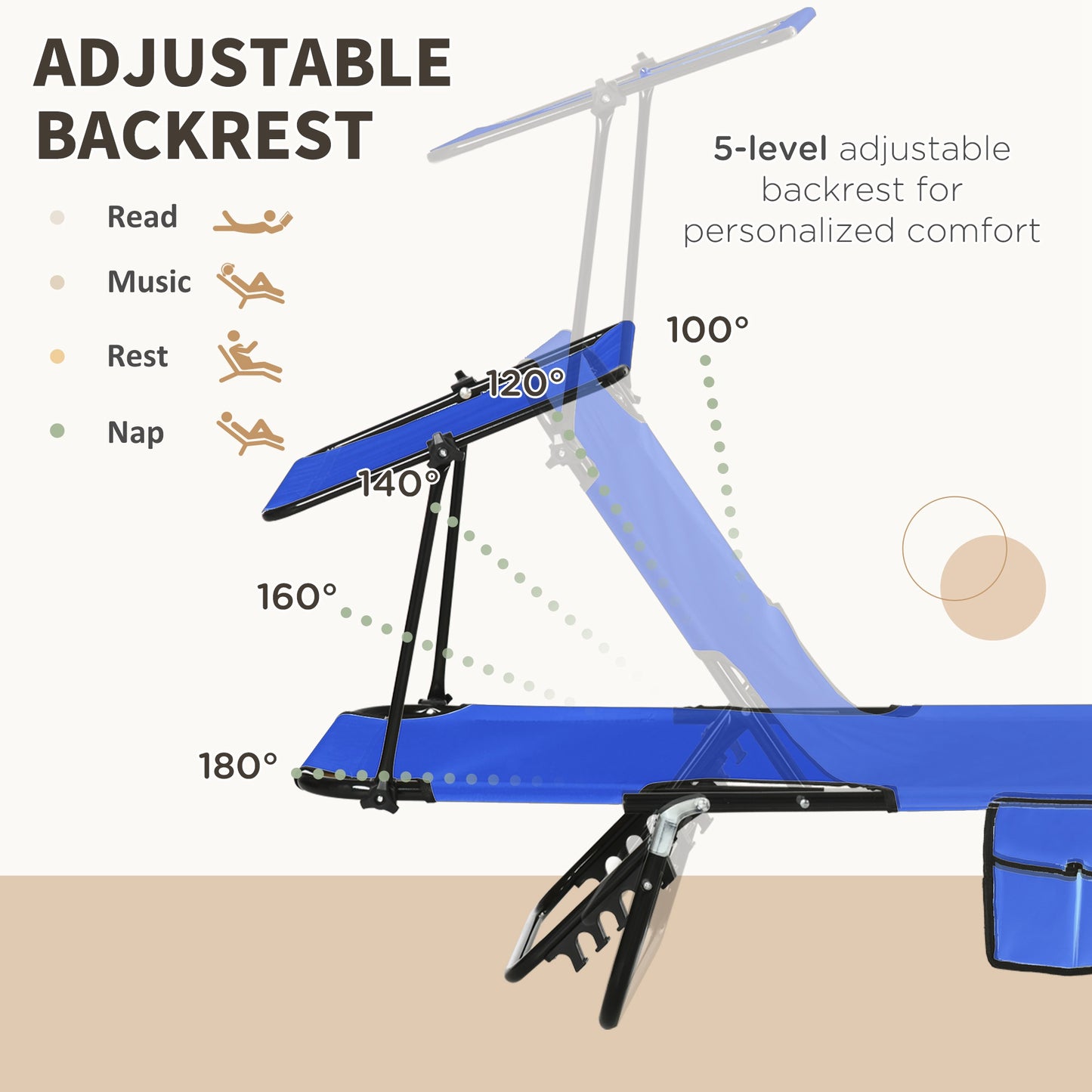 Outsunny 2 Piece Folding Sun Loungers, Adjustable Recliners with Canopy, Steel Frame, Garden/Beach, Blue