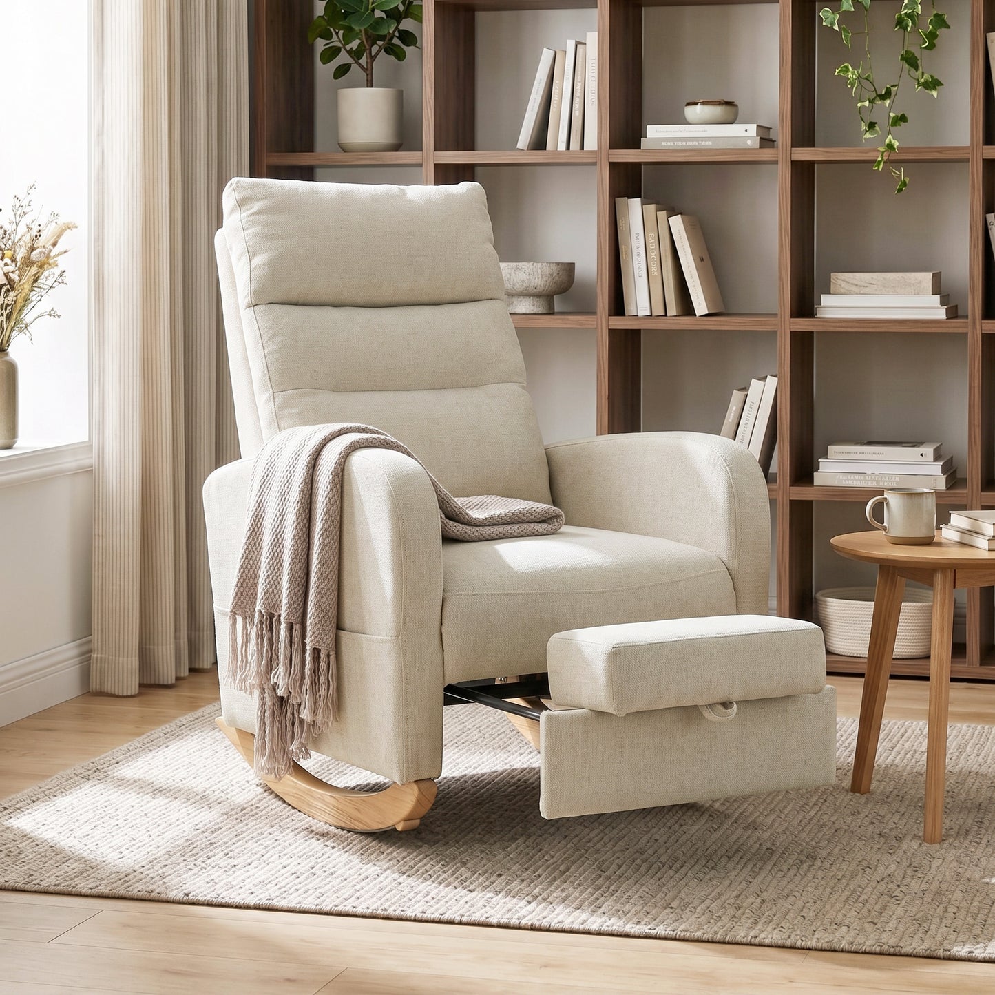 HOMCOM Upholstered Rocking Chair Retractable Footrest Rocker Chair High Back for Living Room Cream White