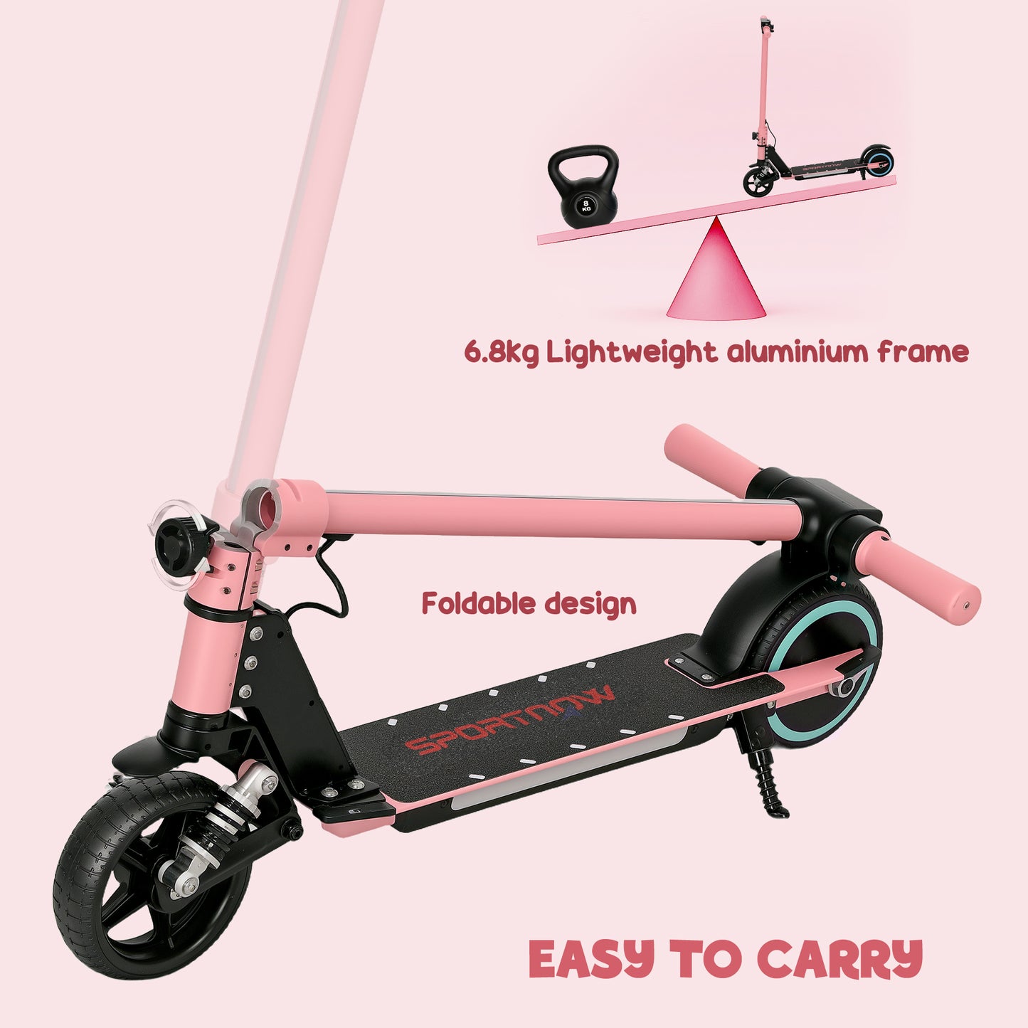 SPORTNOW Folding Kids Electric Scooter 6-14, Dual Brakes, Suspension, LED Lights, 6.8kg, 14 KM/H, Pink