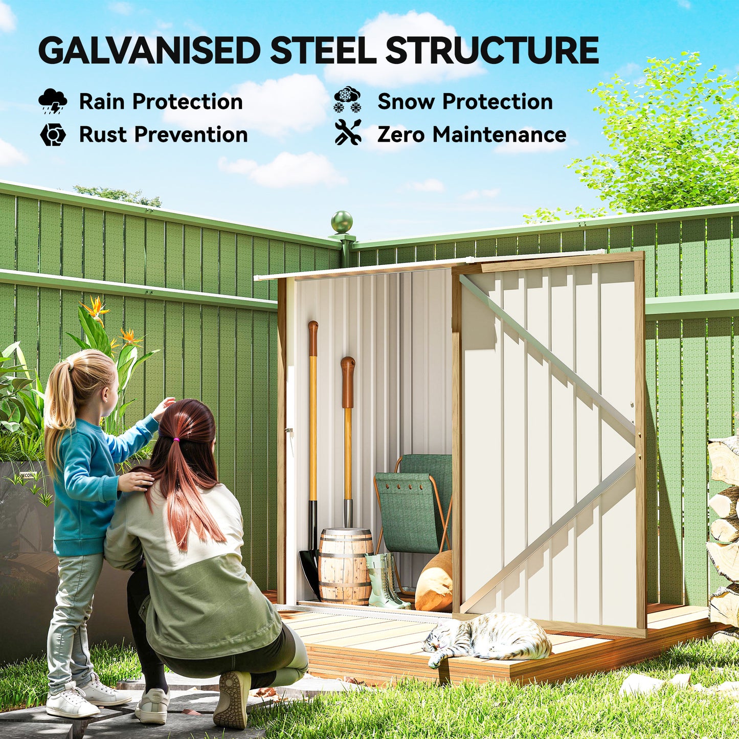 Outsunny 3.3 x 3.4ft Lean To Steel Garden Shed, with Locking Door - Light Brown Wood Effect/White