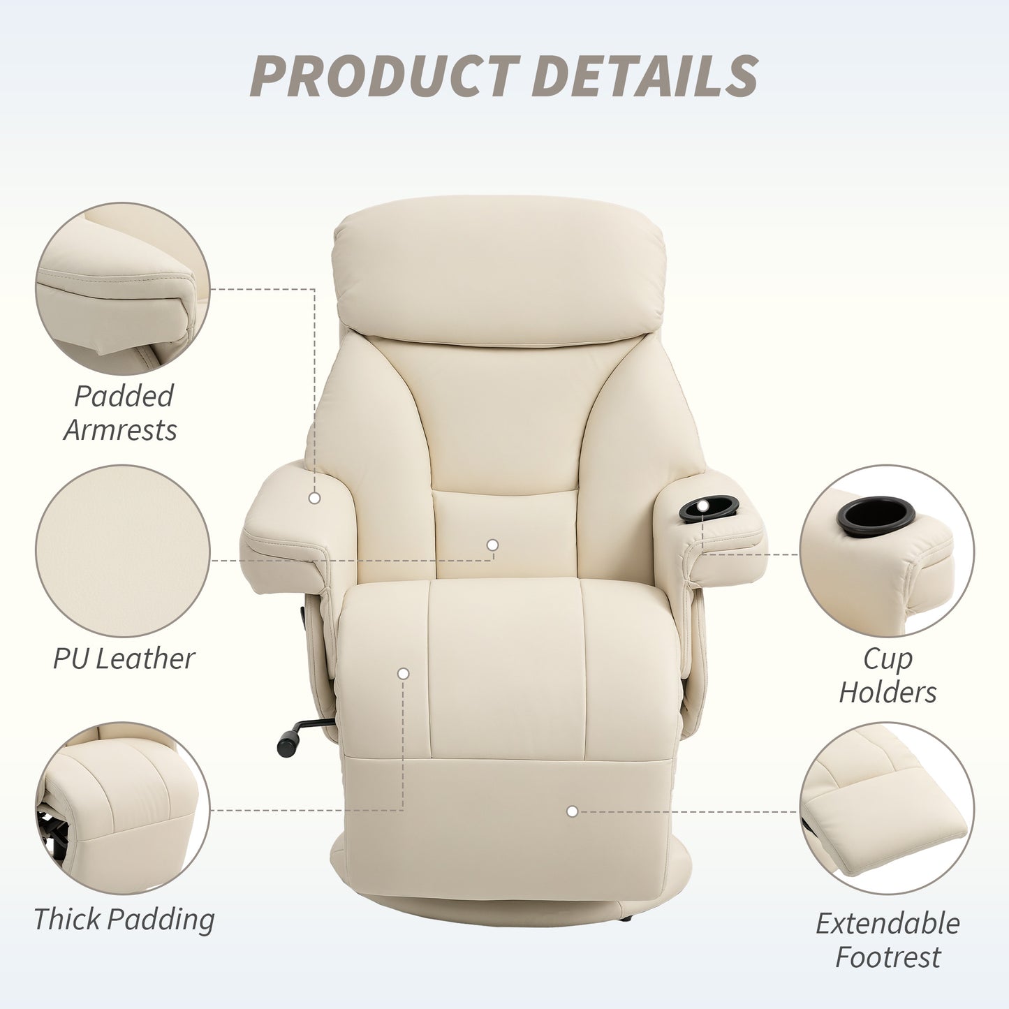 HOMCOM Recliner Chair, Upholstered Armchair with Footrest and Cup Holder, PU Leather Swivel with Adjustable Backrest, Cream White