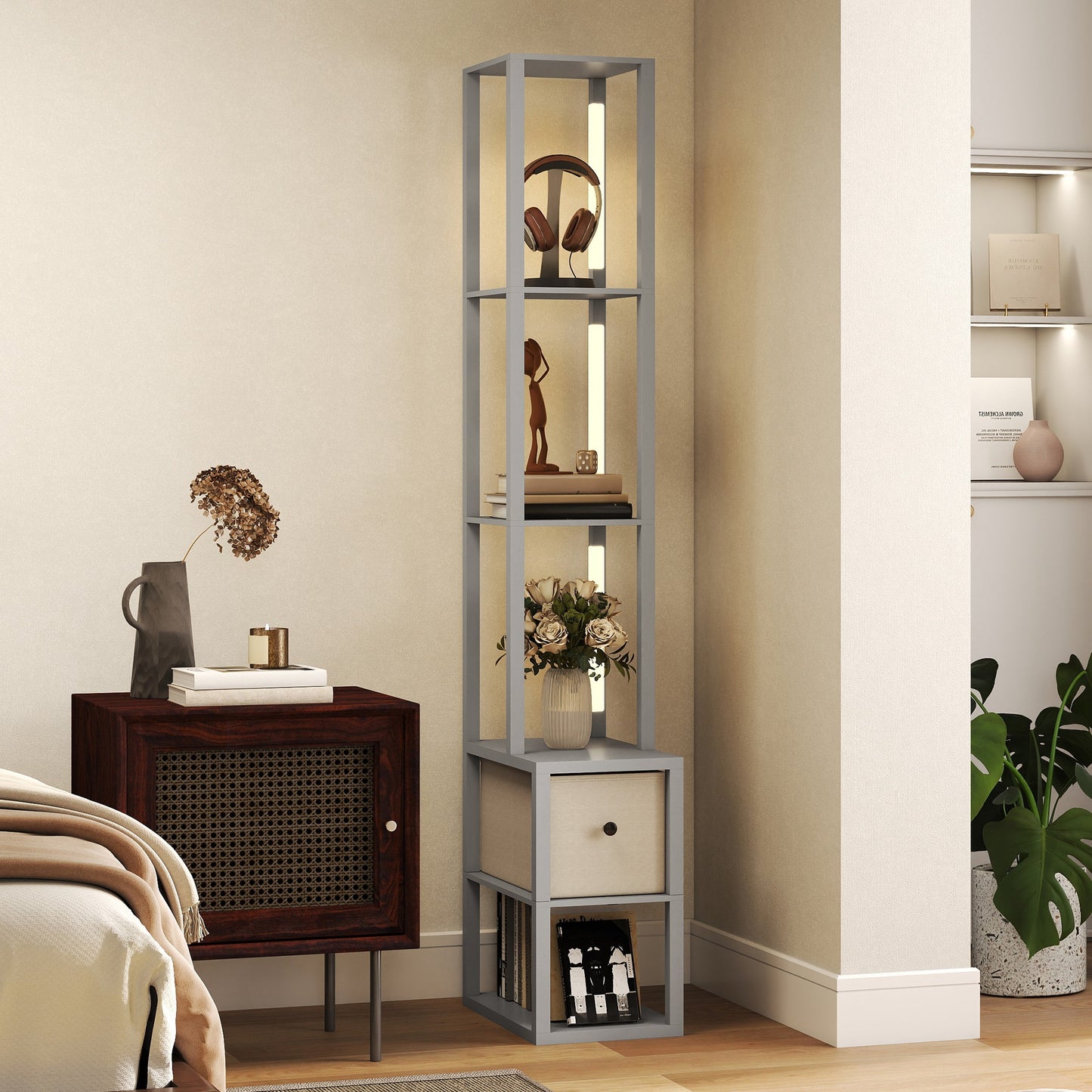 HOMCOM Floor Lamp with Shelves, LED Column Standing Lamp with Fabric Drawer, Adjustable Brightness, Foot Switch, Grey