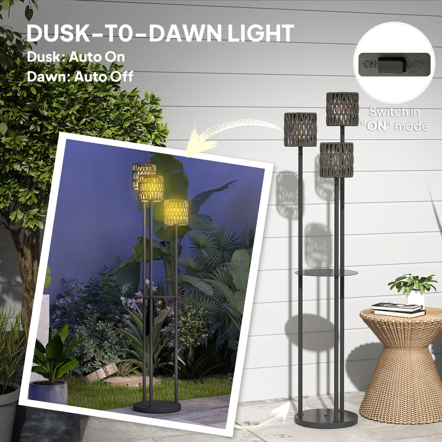 Outsunny Boho Rattan Floor Lamp, 3-Lights Rattan Lamp with Shelf, Freestanding Solar Garden Light with Auto On/Off Lights, Grey