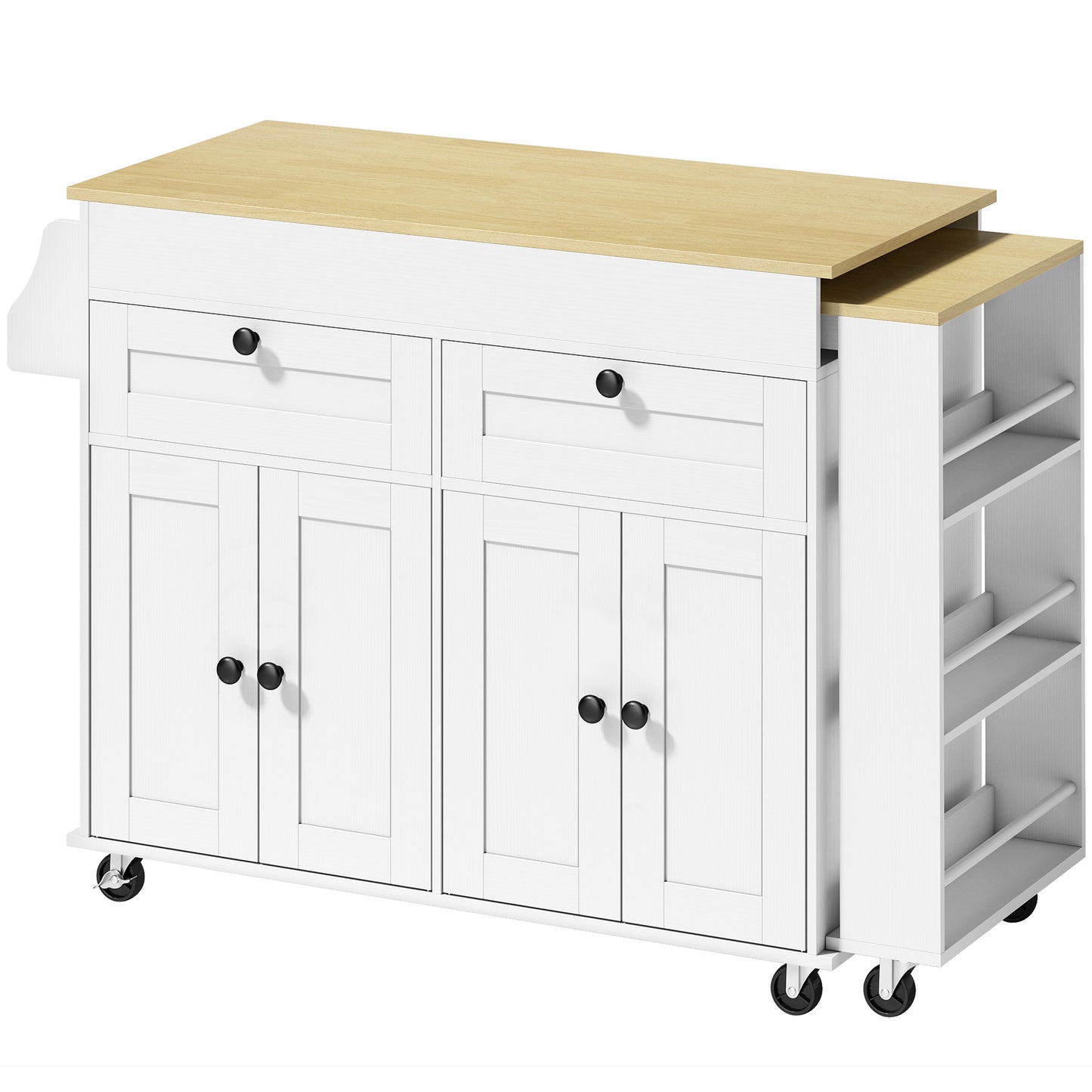 HOMCOM Rolling Kitchen with Expandable Top, Kitchen Island on Wheels with USB Ports & Power Outlets, Storage, White