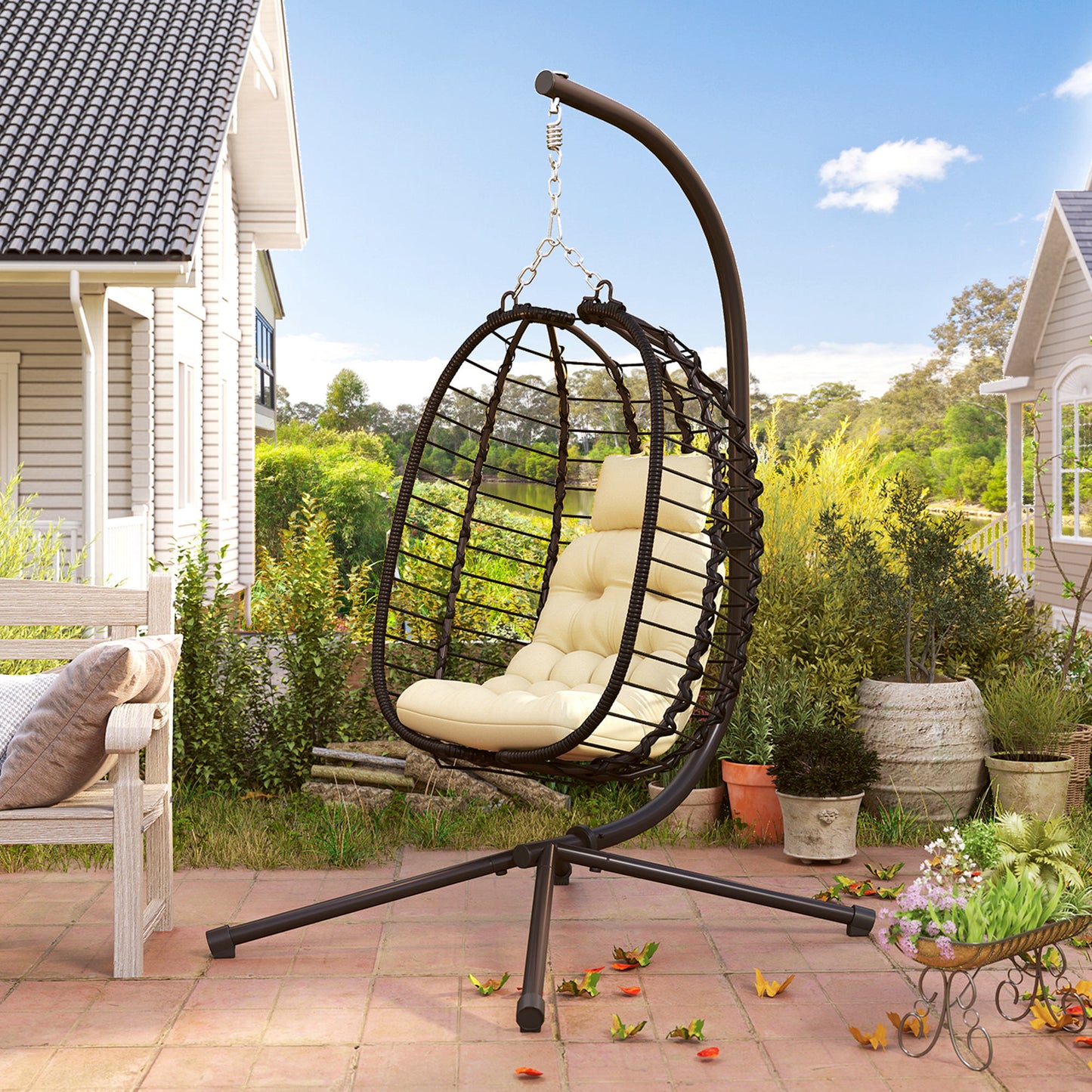 Outsunny Rattan Hanging Egg Chair, Foldable Wicker Swing with Cushion, Stand, Adjustable Height, Pillow, Steel Frame for Garden, Cream White