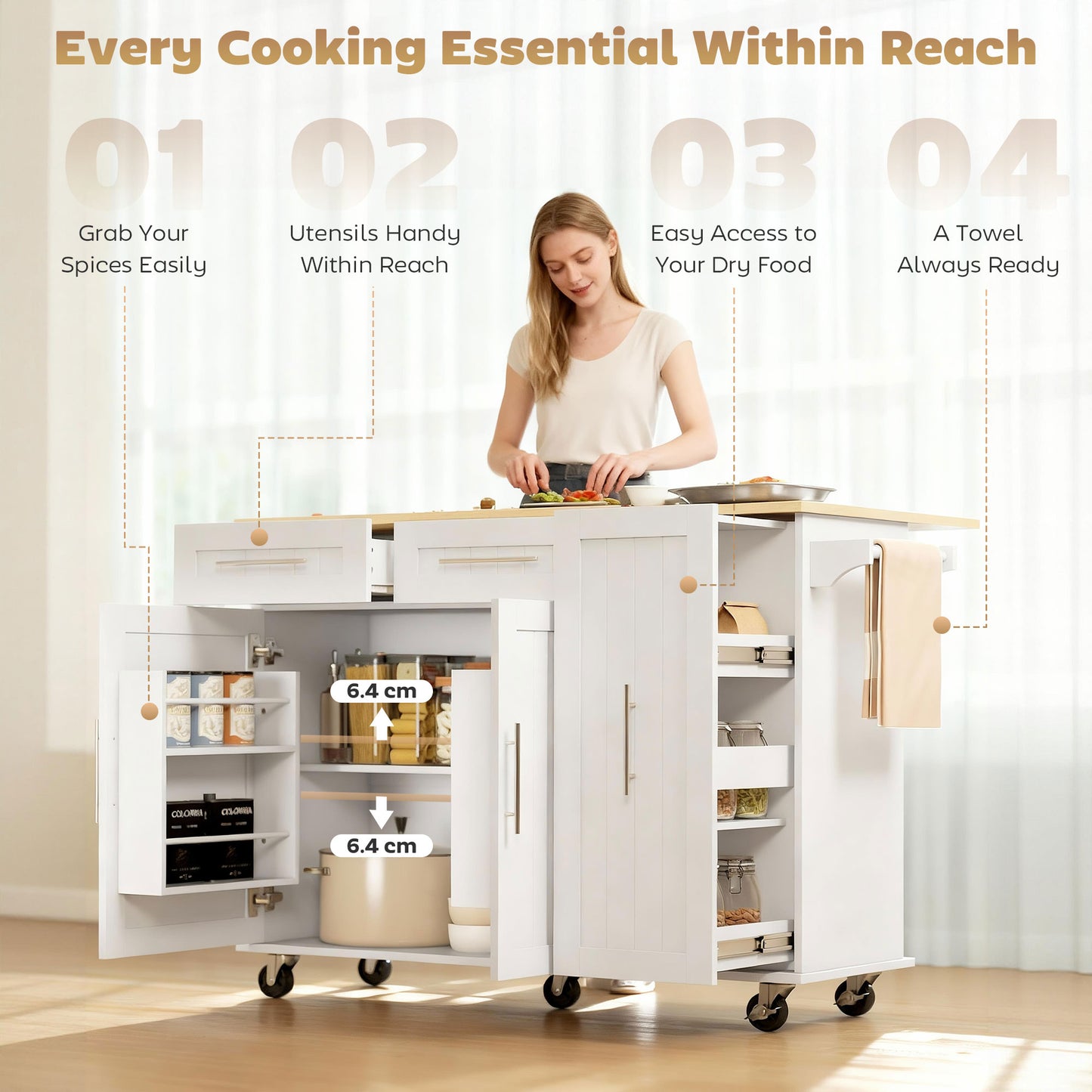 HOMCOM Kitchen Island, Rolling Kitchen Cart with Drop Leaf, Storage Trolley, Pull-out Storage, Drawers and Towel Rack, White