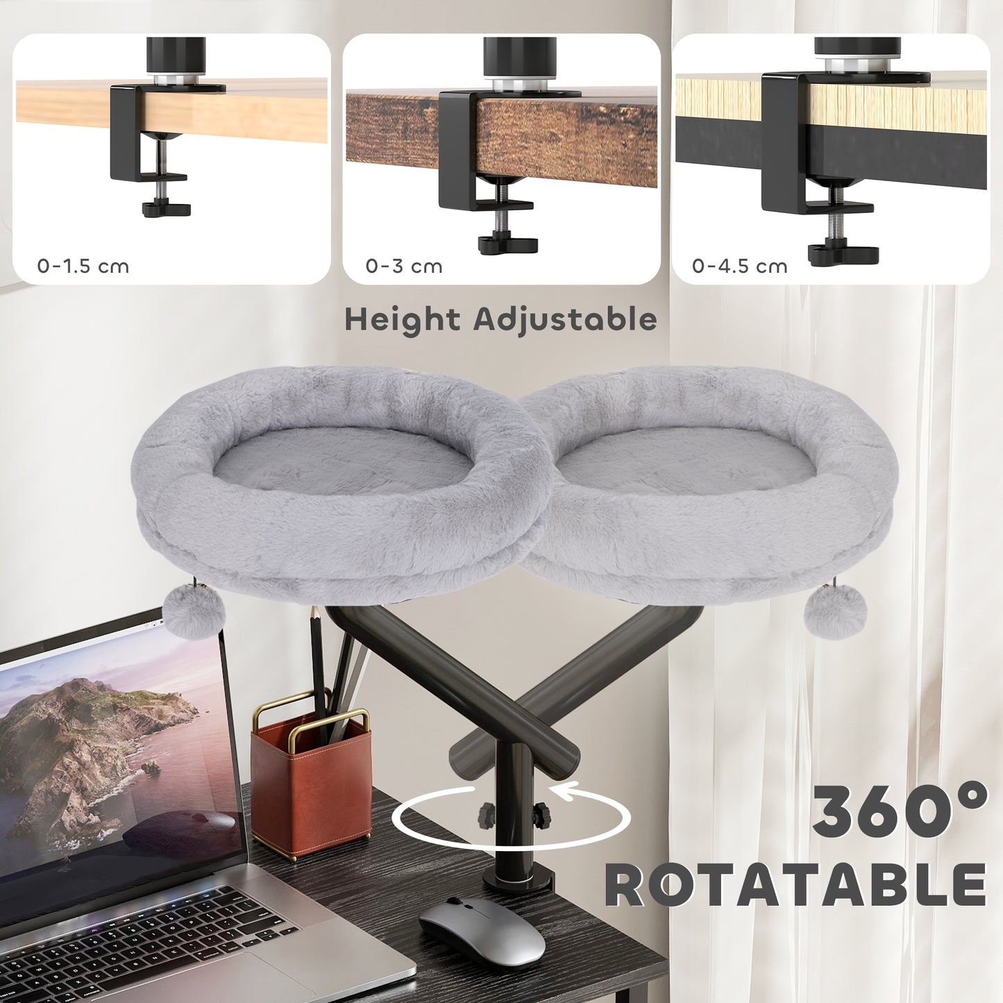 PawHut Cat Desk Bed, Cat Hammock 360° Rotatable Adjustable for Window, Table, Work, Grey