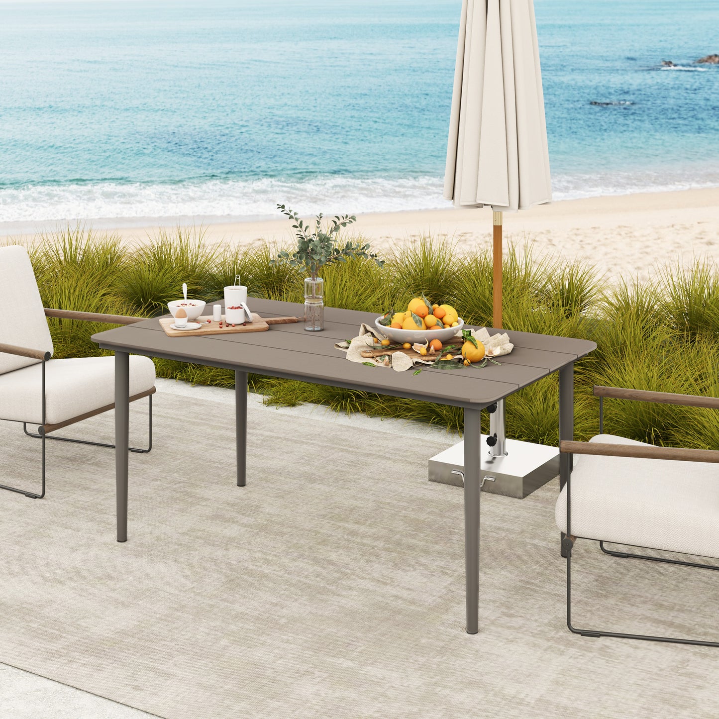 Outsunny Garden Table, Outdoor Dining Table for 6 People, 160 x 90 x 74 cm, with Rust Resistant Metal Frame, WPC Top, for Balcony, Terrace, Dark Grey