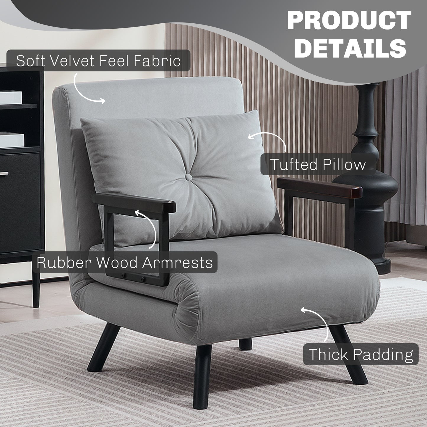 HOMCOM 4-in-1 Velvet-Feel Single Chair Bed, with Pillow - Light Grey