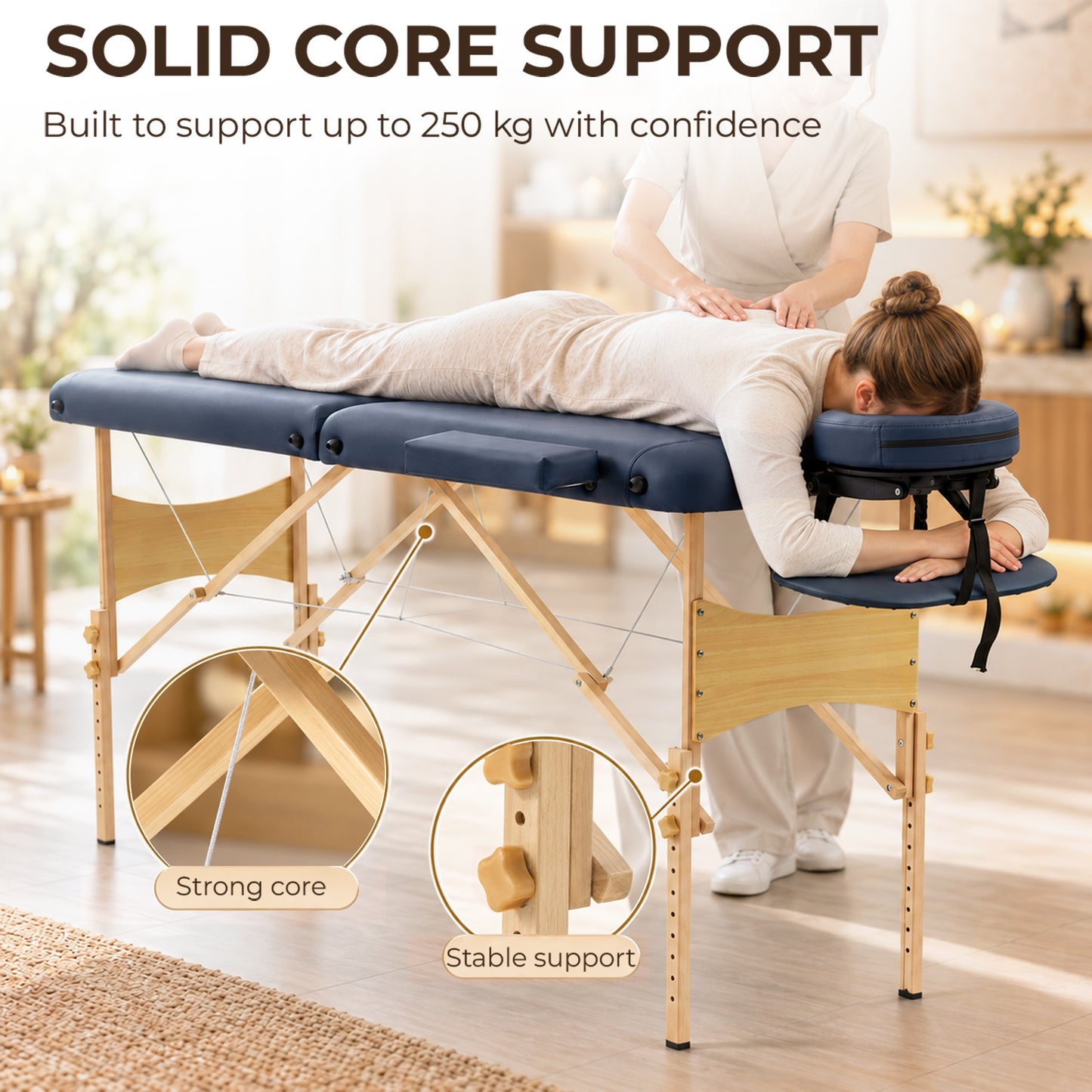 HOMCOM Portable Massage Bed, Folding Spa Beauty Massage Table with 2 Sections, Carry Bag and Wooden Frame, Dark Blue