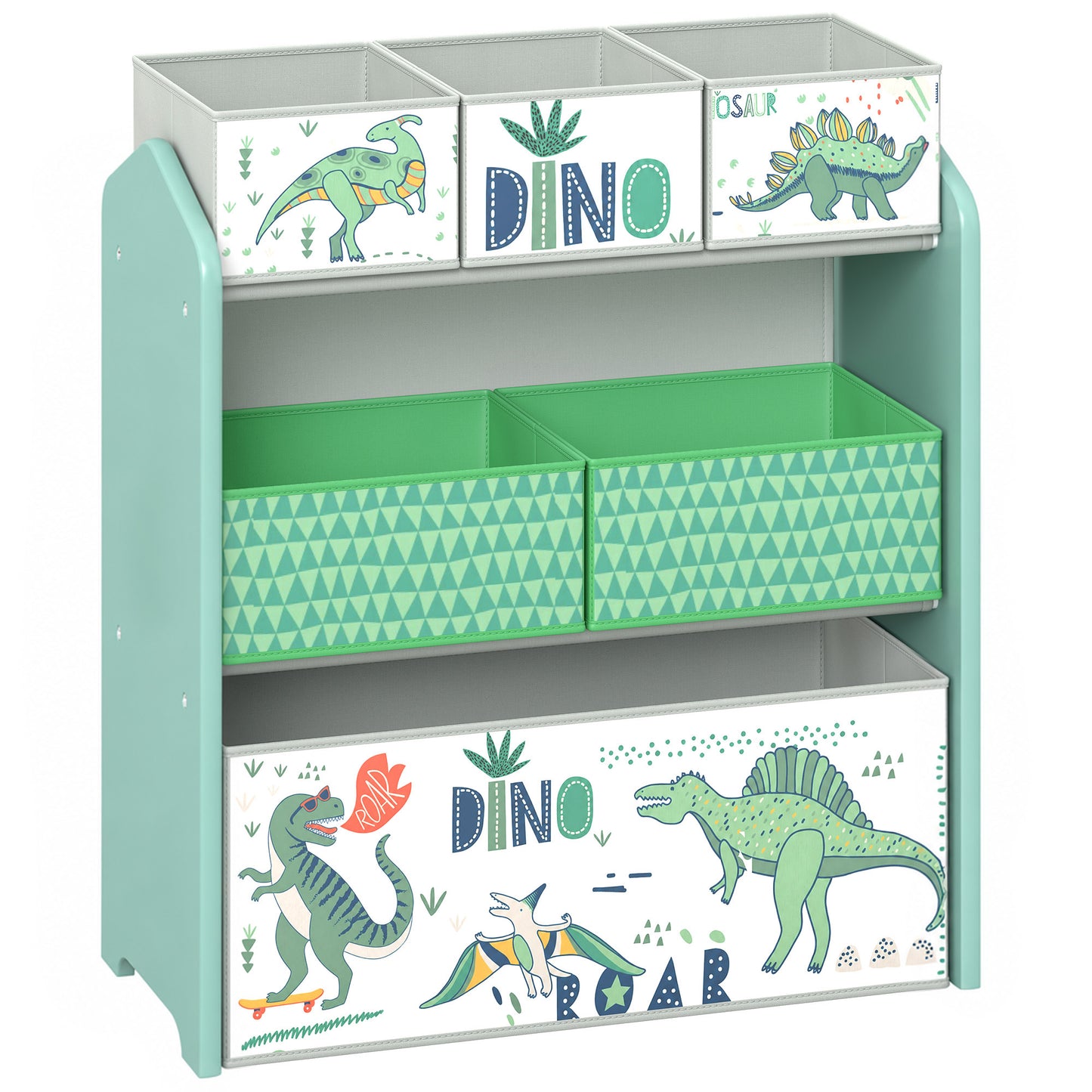 AIYAPLAY Toy Storage Organiser, 3-Tier Wooden Kids Toy Storage Rack with 6 Fabric Storage Bins for Bedroom, Kids Room, Green