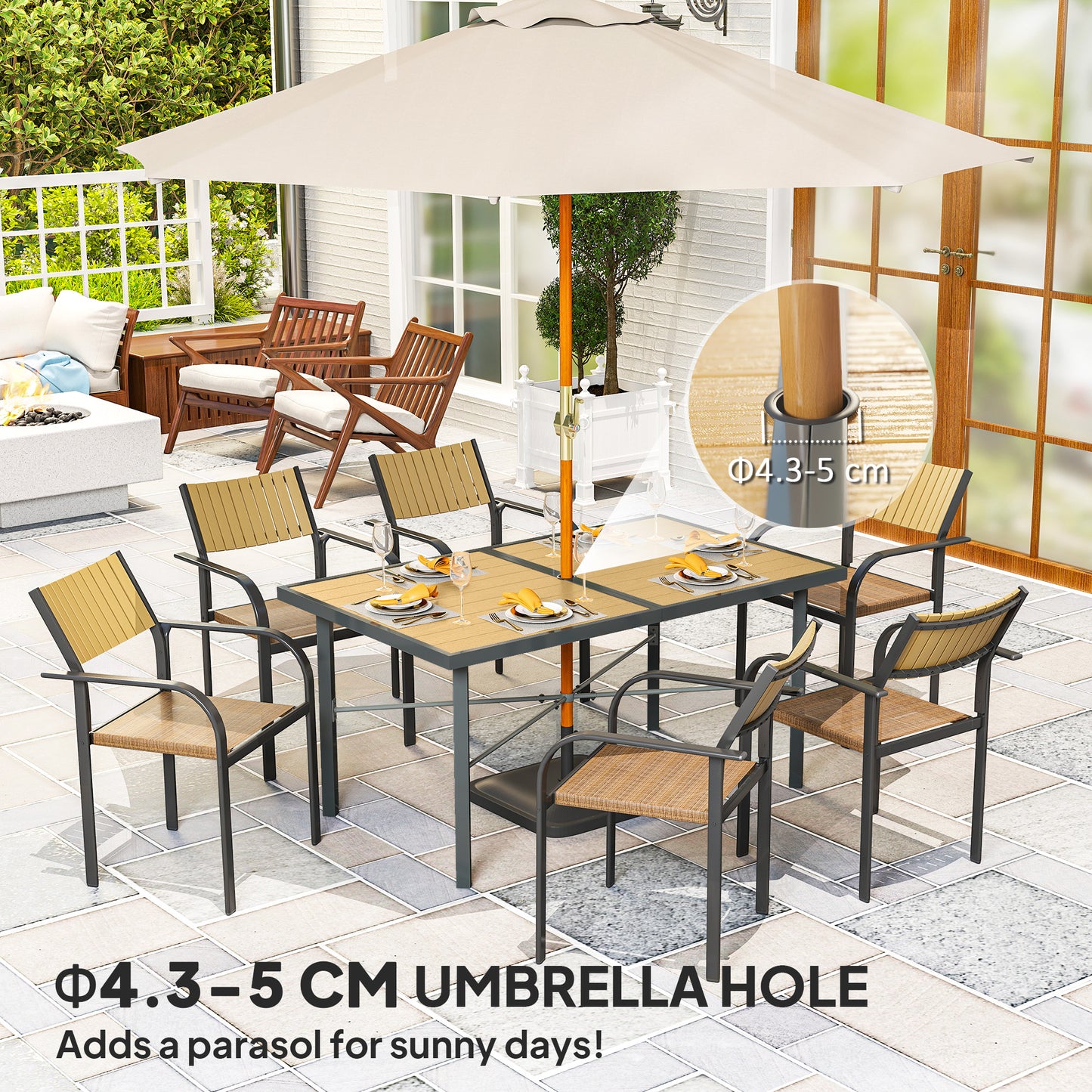 Outsunny Garden Table for 6, Outdoor Dining Table, Wood Effect Top, Rust Resistant Frame, 5cm Umbrella Hole, 150 x 90 cm, for Patio, Balcony, Terrace