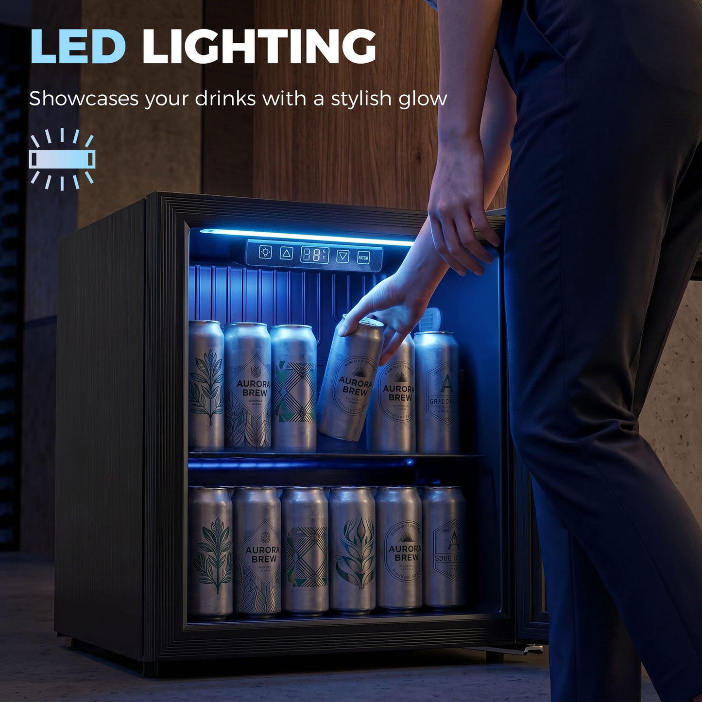 HOMCOM 50L Drinks Fridge, 48 Can Under Counter Freestanding Beer Fridge with Double-Layer Glass Door, Wine Cooler with LED Light, Adjustable Shelf, Beverage Cooler for Soda Beer, Home Office
