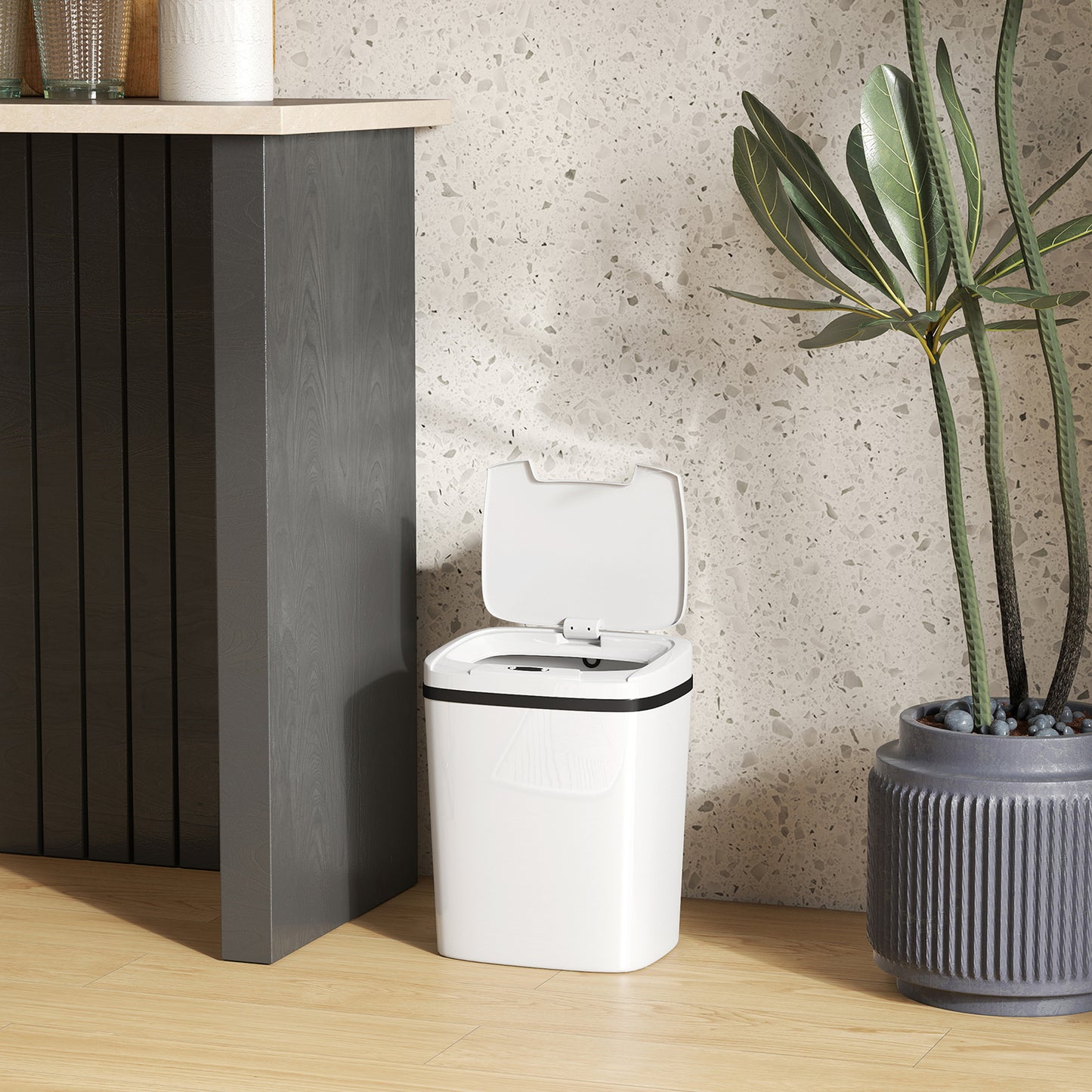 HOMCOM 15L Sensor Bin, Automatic Touchless Kitchen Bin, Easy Clean, Battery Operated for Home Office, Bedroom, Bathroom, White