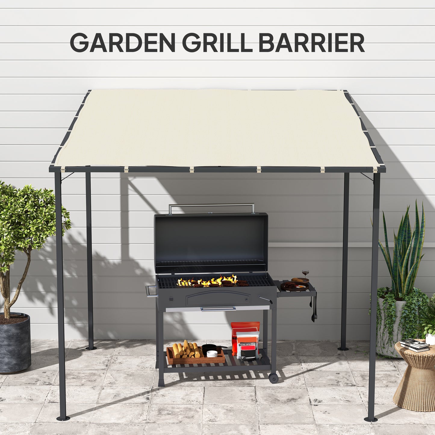 Outsunny Wall Mounted Pergola Gazebo, 2.4 x 2.4 m, Metal Frame, UPF30+ Sun Shade Shelter for Garden/Deck, Cream White