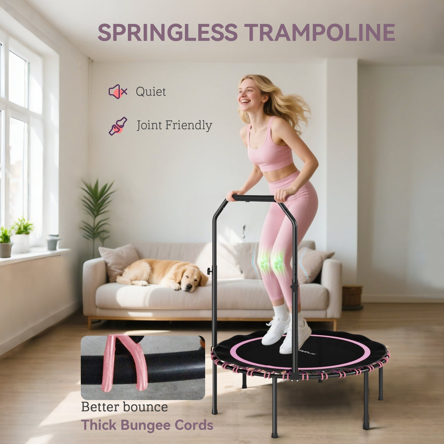 SPORTNOW 40'' Foldable Fitness Trampoline, Mini Bungee Rebounder with 5-Level Adjustable Handle for Adults, Indoor/Outdoor Exercise, Pink