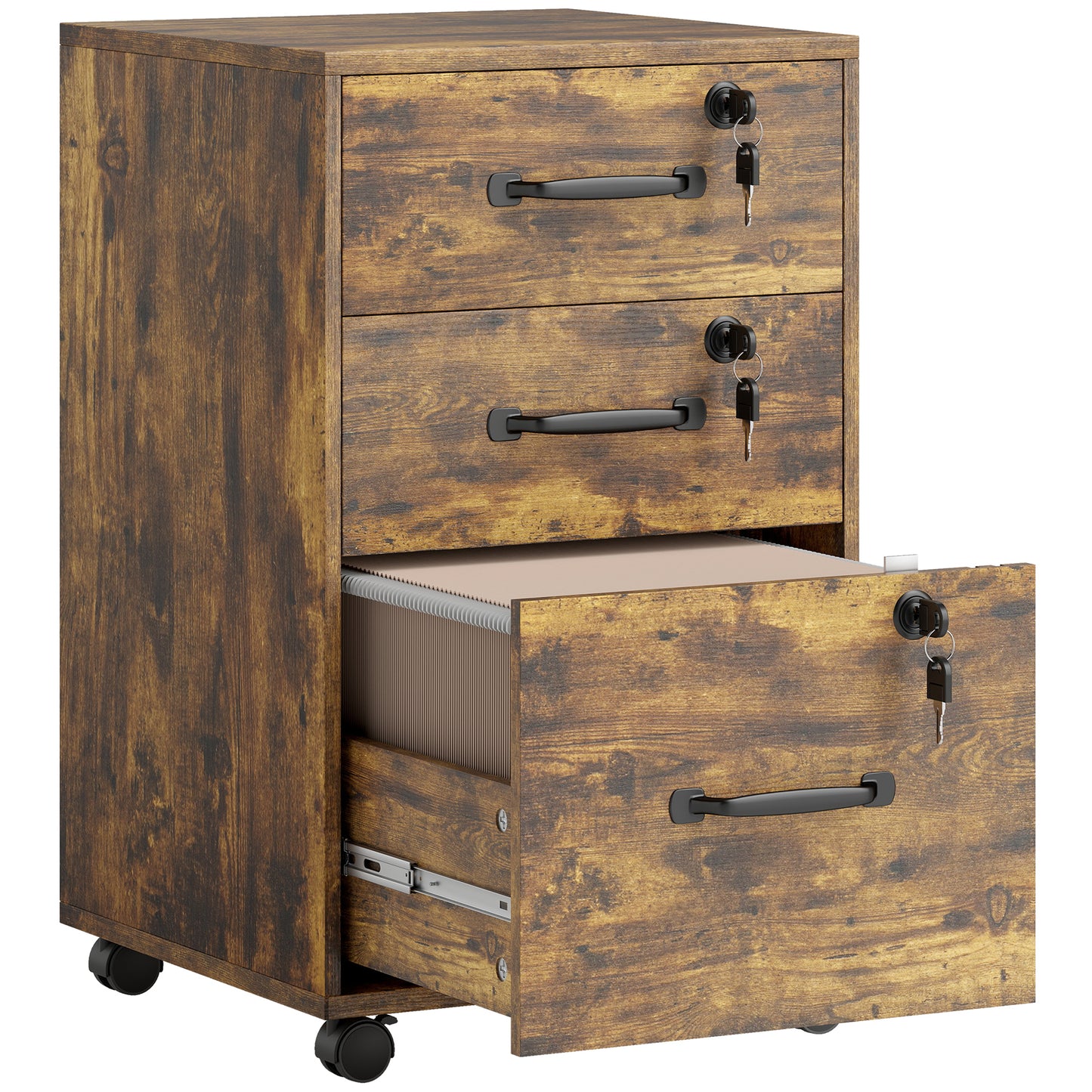 HOMCOM Three Drawer Wood-Effect Filing Cabinet - Rustic Brown