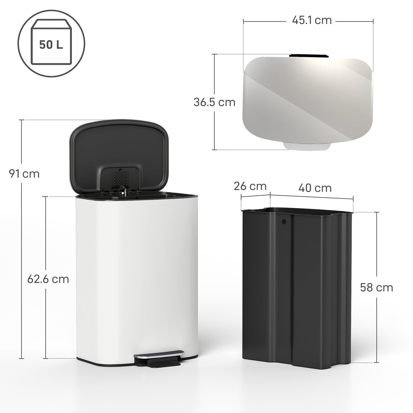 HOMCOM 50L Kitchen Bin with Soft-Close Lid, Stainless Steel Pedal, Removable Inner Bucket, Carry Handle for Kitchen/Office/Home, Cream