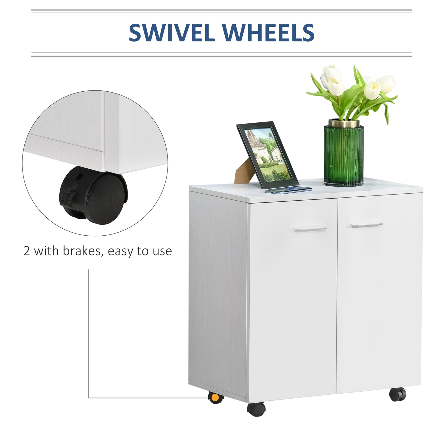 HOMCOM Mobile Sideboard Cabinet, Sideboard Storage Cabinet with 2 Doors and Internal Shelf for Office, 60 x 35 x 65 cm, White