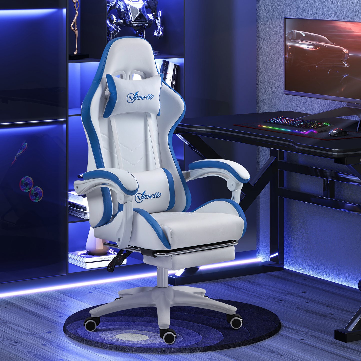 Vinsetto Racing Gaming Chair, Reclining PU Leather Computer Chair with 360 Degree Swivel Seat, Footrest, Removable Headrest and Lumber Support, White and Blue