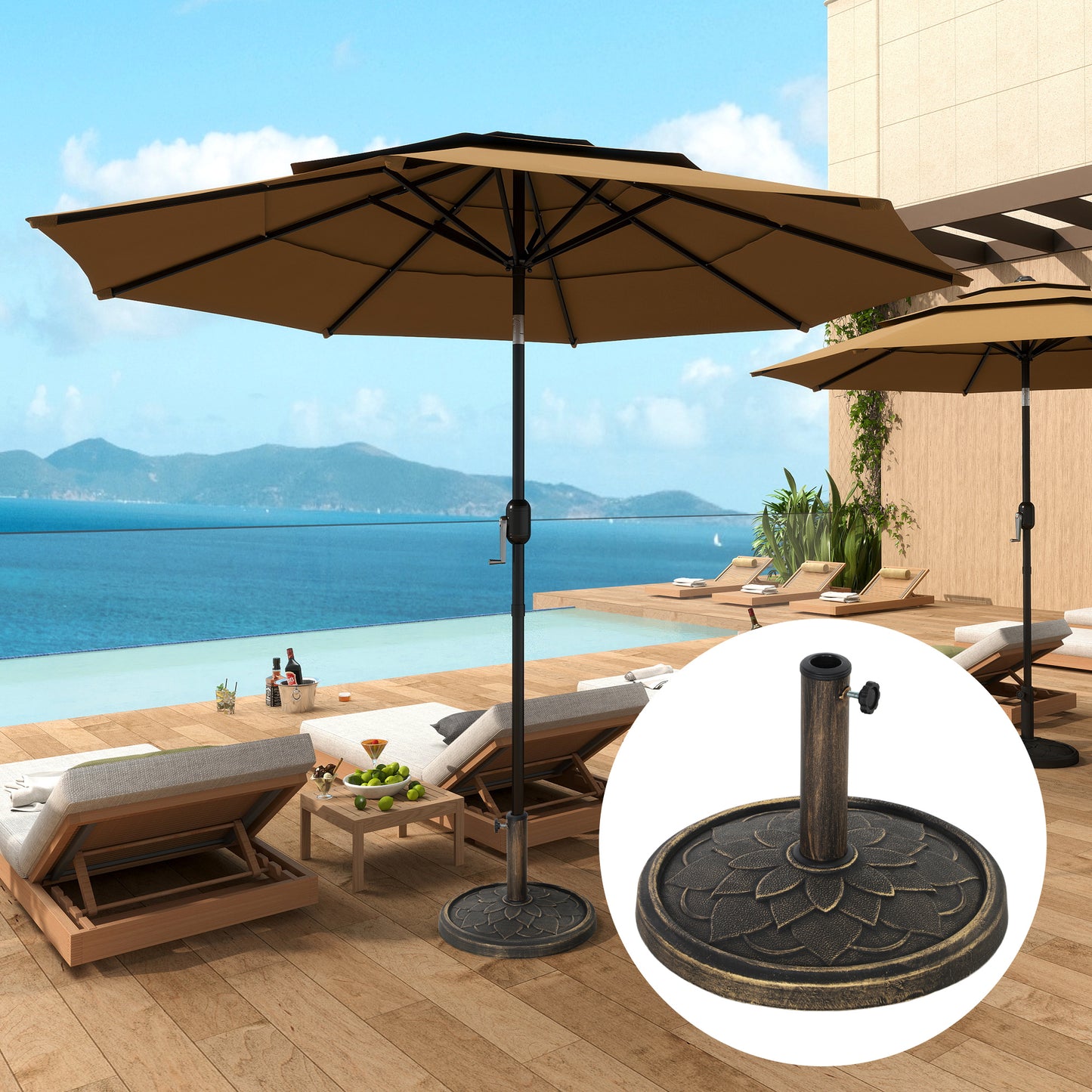 Outsunny 12kg Resin Garden Parasol Base, Heavy Duty Round Umbrella Base for 32-48mm Poles, Bronze Tone