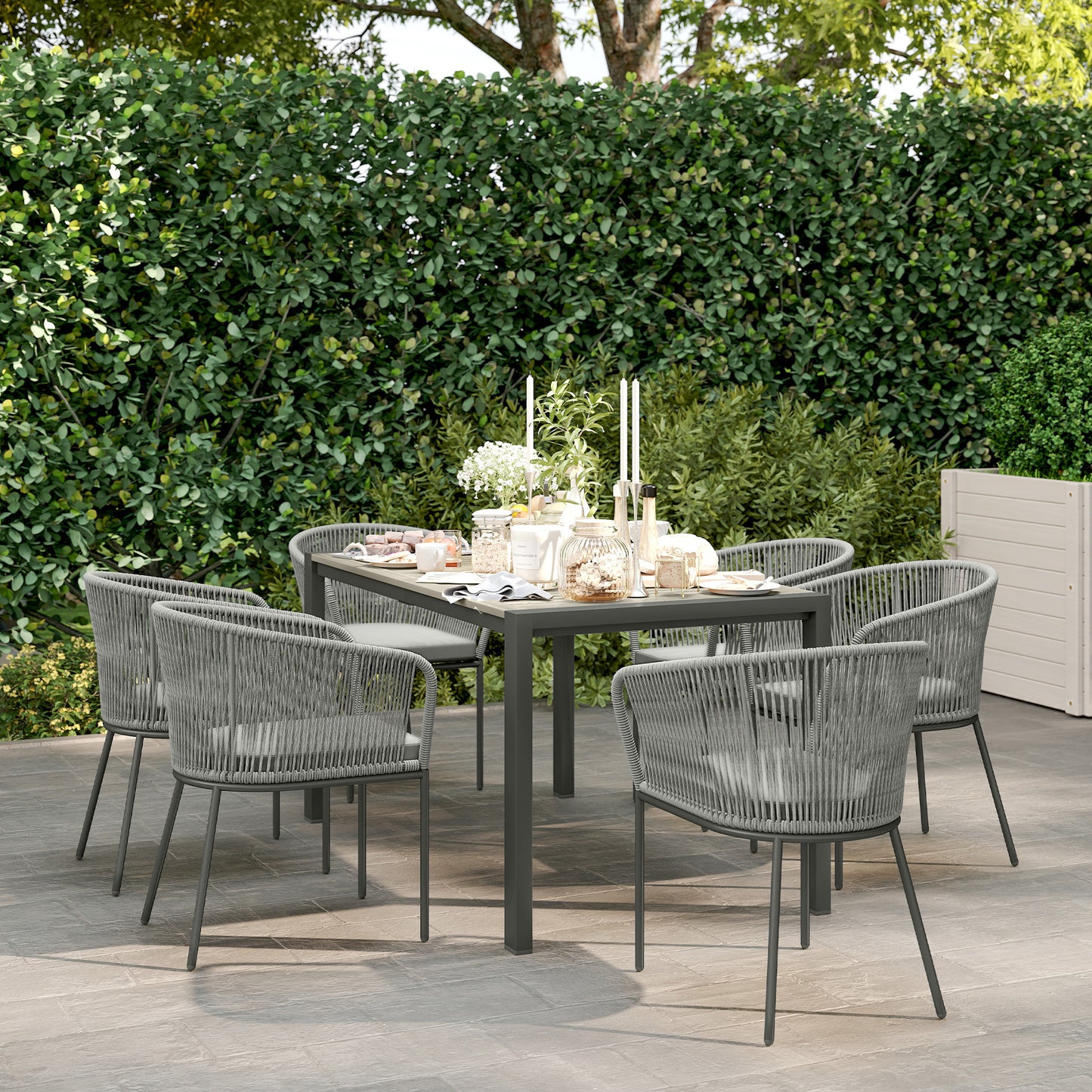 Outsunny Rattan Dining Set, 6 Seater, Wood Top Table, 6 Chairs, Washable Cushions, for Outdoor, Patio, Conservatory, Grey