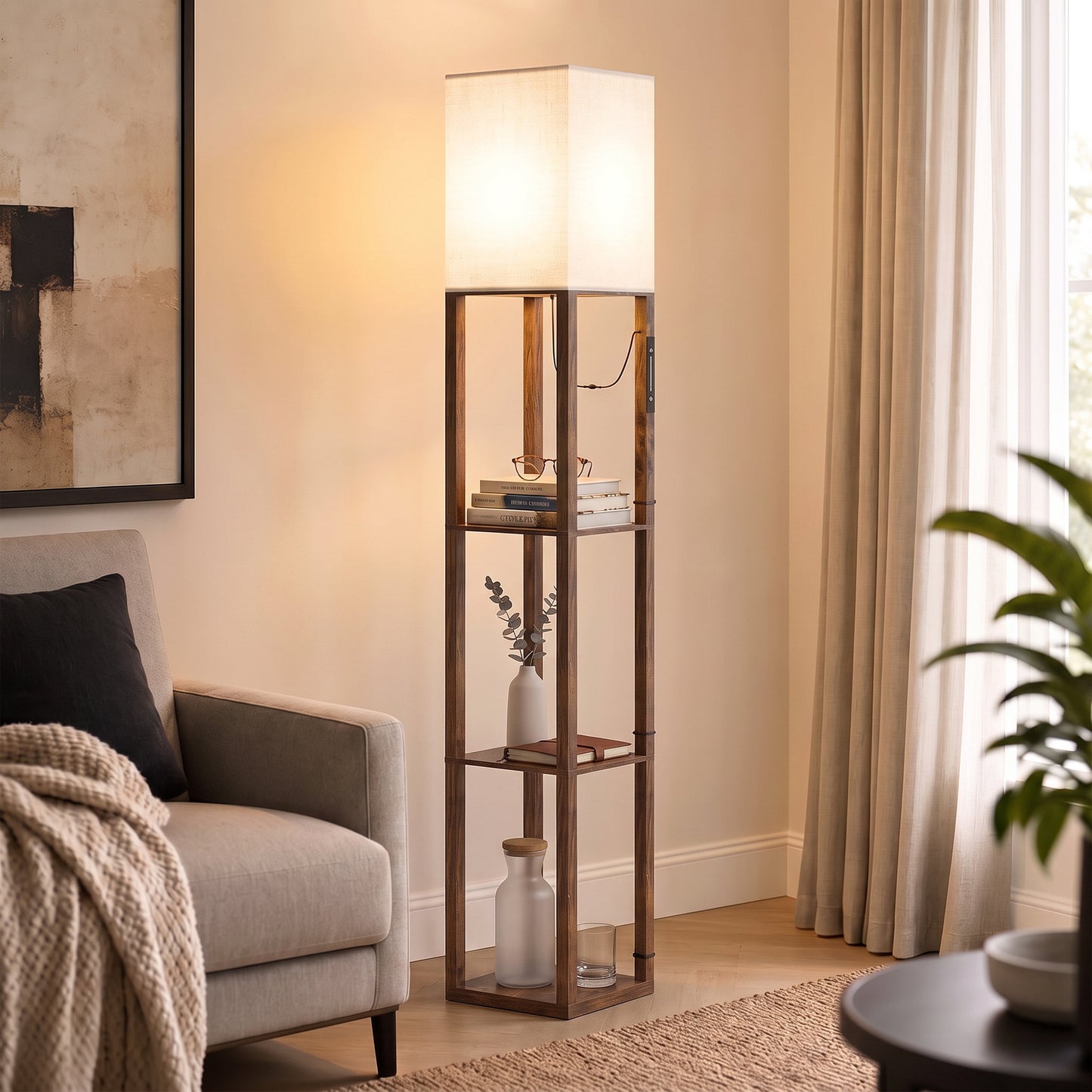 HOMCOM Floor Lamp with Shelves, Modern Dimmable Standing Lamp with Fabric Shade, Adjustable Colour Temperature, Rustic Brown