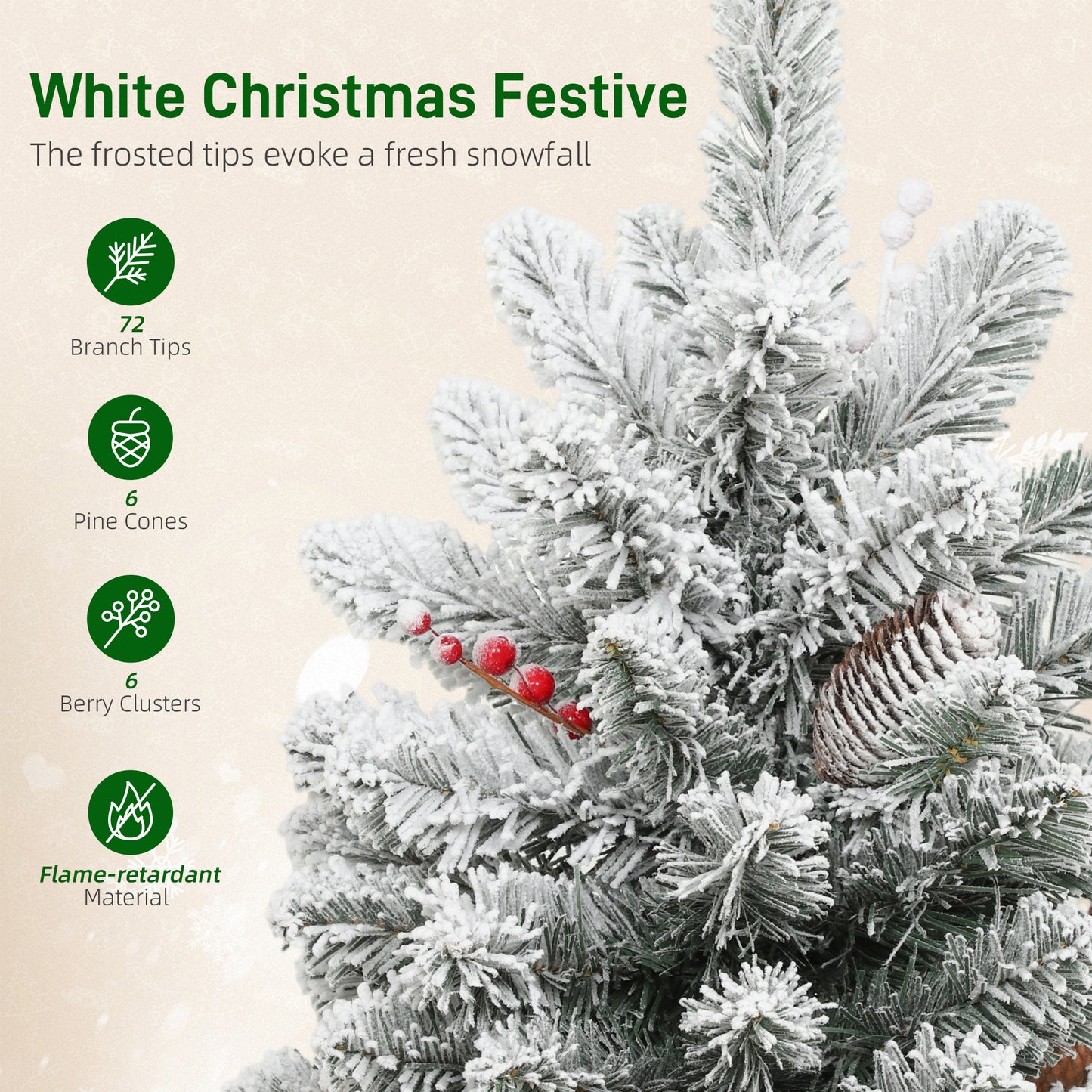 HOMCOM 60cm Prelit Christmas Tree with 35 LED Lights, Snow Flocked, 72 Branches, Pine Cones, Berry Clusters, Linen Base, Battery Operated, Green