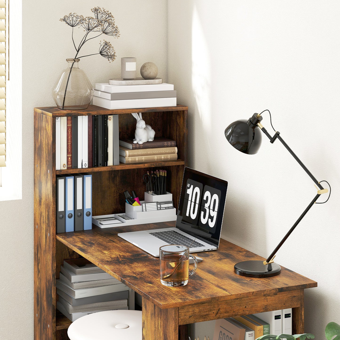 HOMCOM Computer Desk, Wooden Table with 6-Tier Storage Shelves, Home Office Study Desk, Writing Workstation, Rustic Brown Wood-Effect