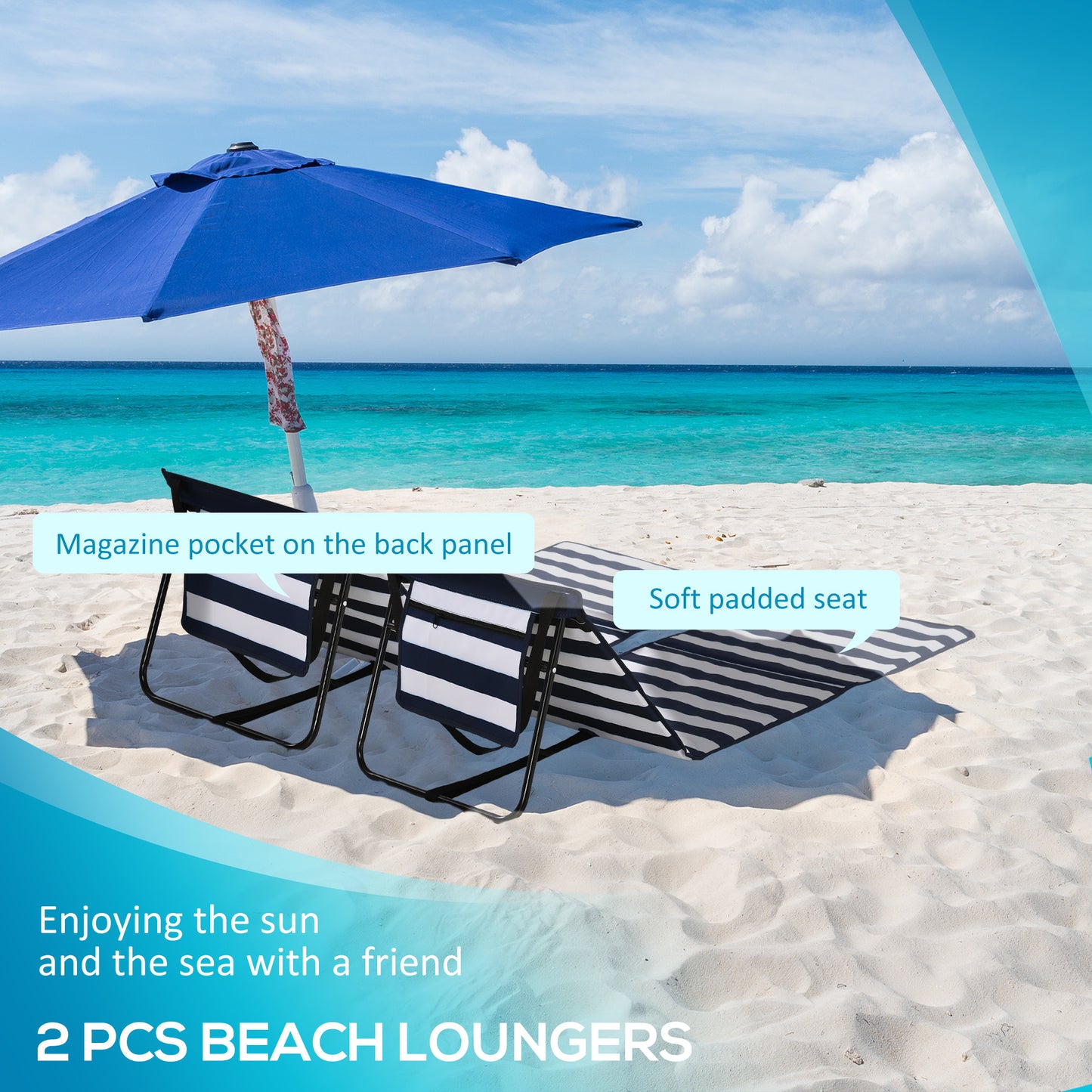 Outsunny Set of 2 Foldable Garden Beach Chair Mat, Outdoor Sun Lounger Seats Adjustable Back, Magazine Pocket, Carry Bag